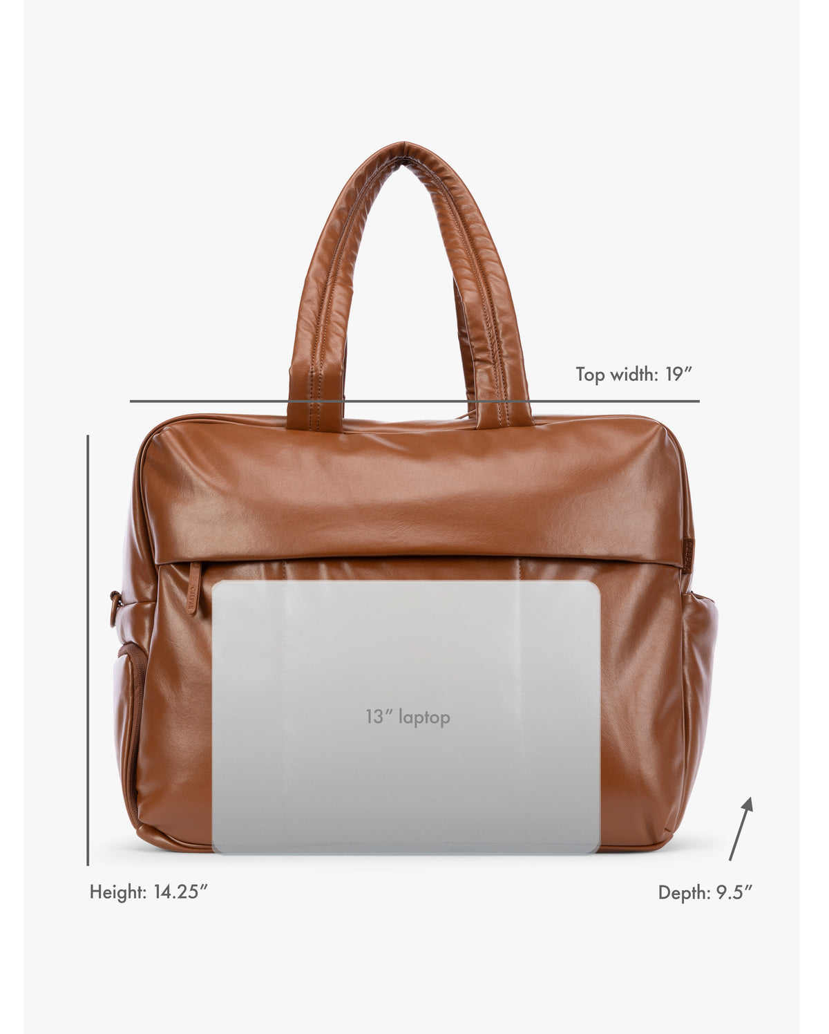 Honey Brown CALPAK Luka Large Duffel in vegan leather with dual top handles, shown against a plain white background with dimensions and laptop fit; DLL2201-HONEY-BROWN-PU