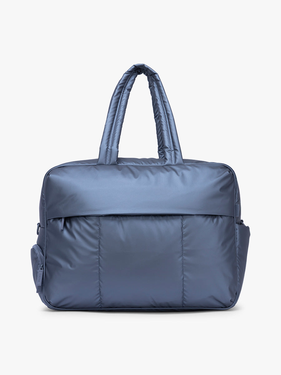 CALPAK Luka Large Duffel in dark blue metallic material in Metallic Indigo; DLL2201-METALLIC-INDIGO