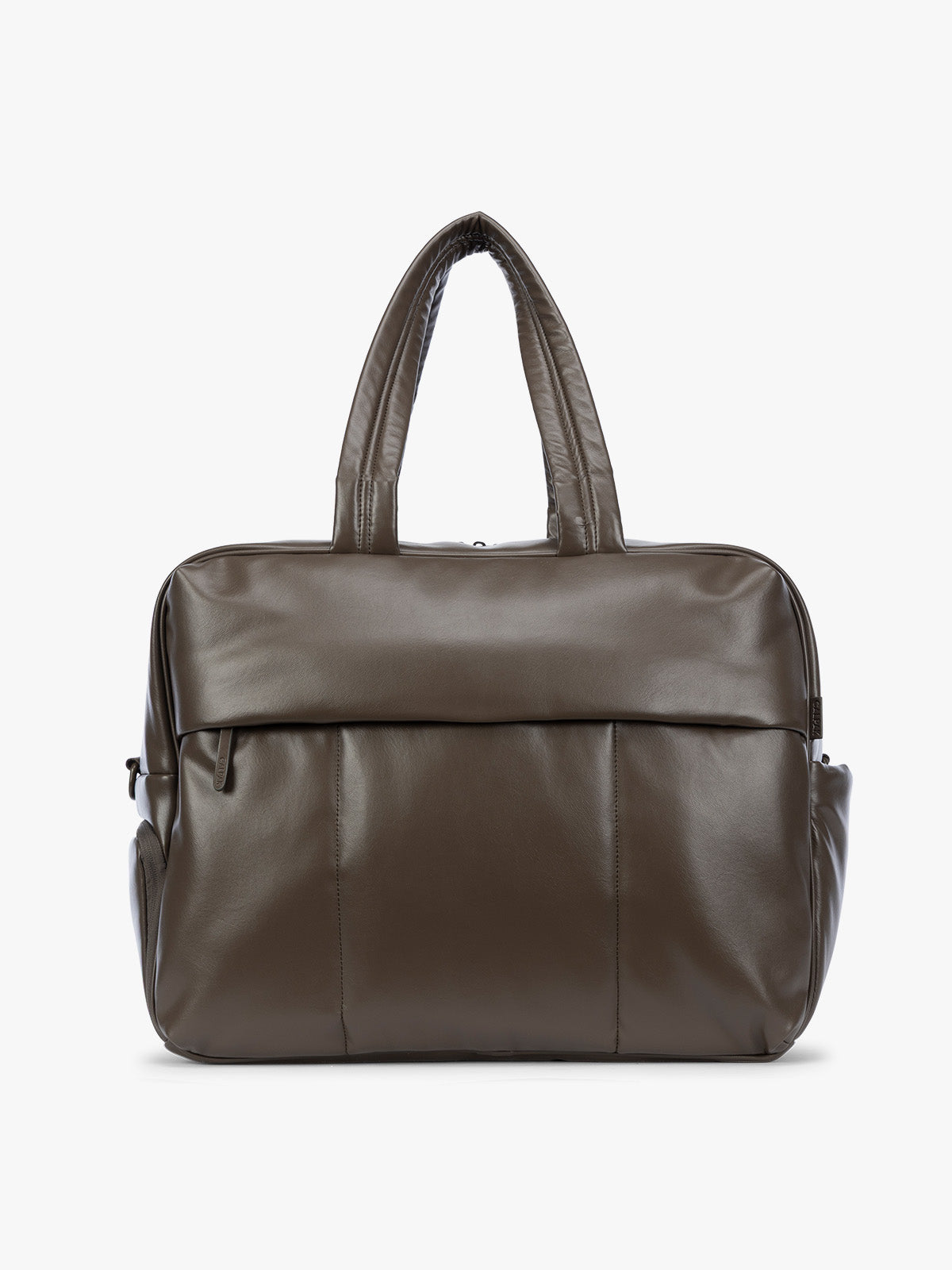 Mushroom dark brown CALPAK Luka Large Duffel in vegan leather with dual top handles, shown against a plain white background; DLL2201-MUSHROOM-PU