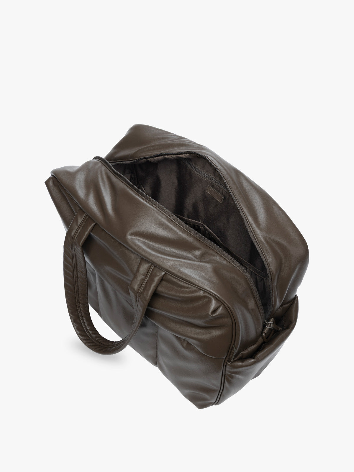 Top view with zipper open showing inside of Mushroom dark brown CALPAK Luka Large Duffel in vegan leather with dual top handles, shown against a plain white background; DLL2201-MUSHROOM-PU