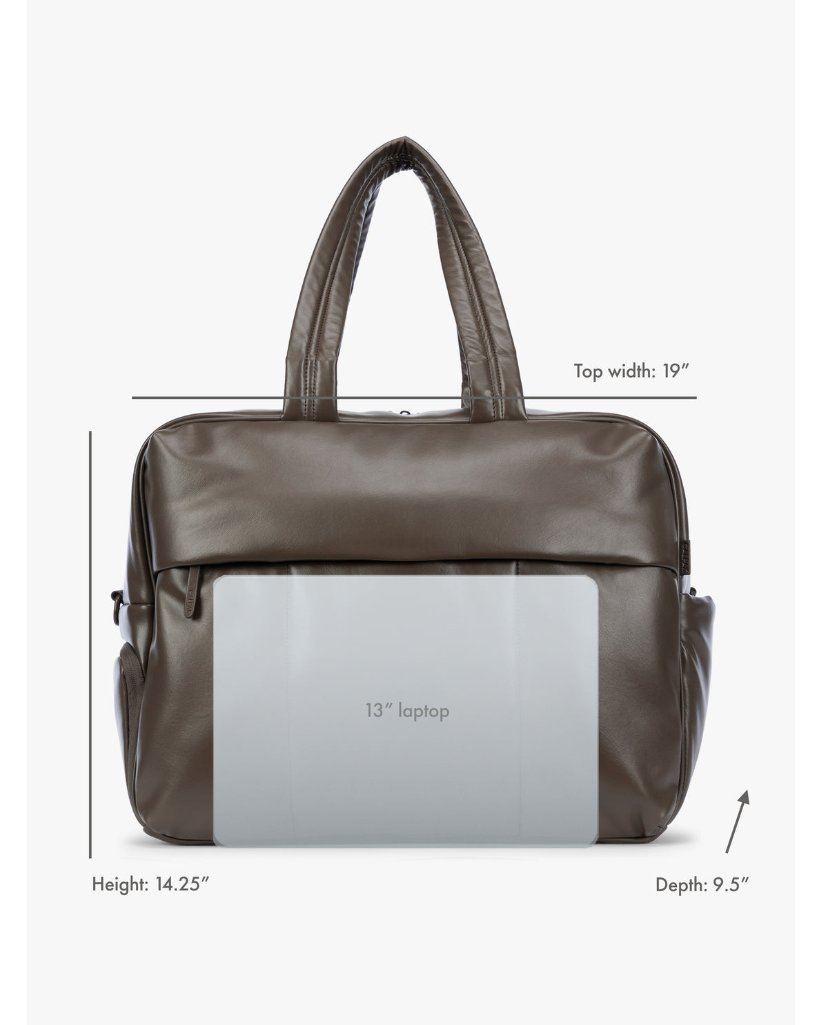 Mushroom dark brown CALPAK Luka Large Duffel in vegan leather with dual top handles, shown against a plain white background with dimensions showing laptop fit; DLL2201-MUSHROOM-PU