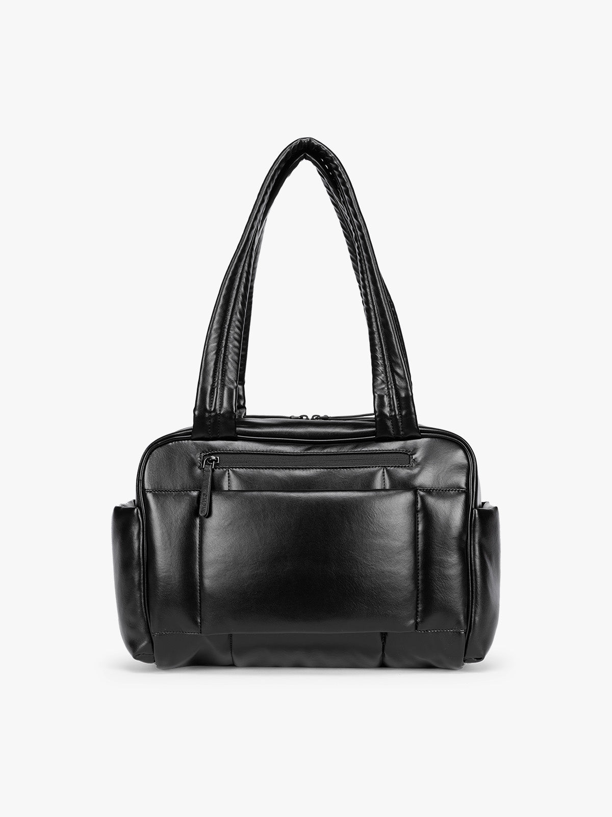 Back view of Black vegan leather CALPAK Luka Mini Duffel with dual top handles and side pockets, photographed against a clean white background; DLM2501-BLACK-PU