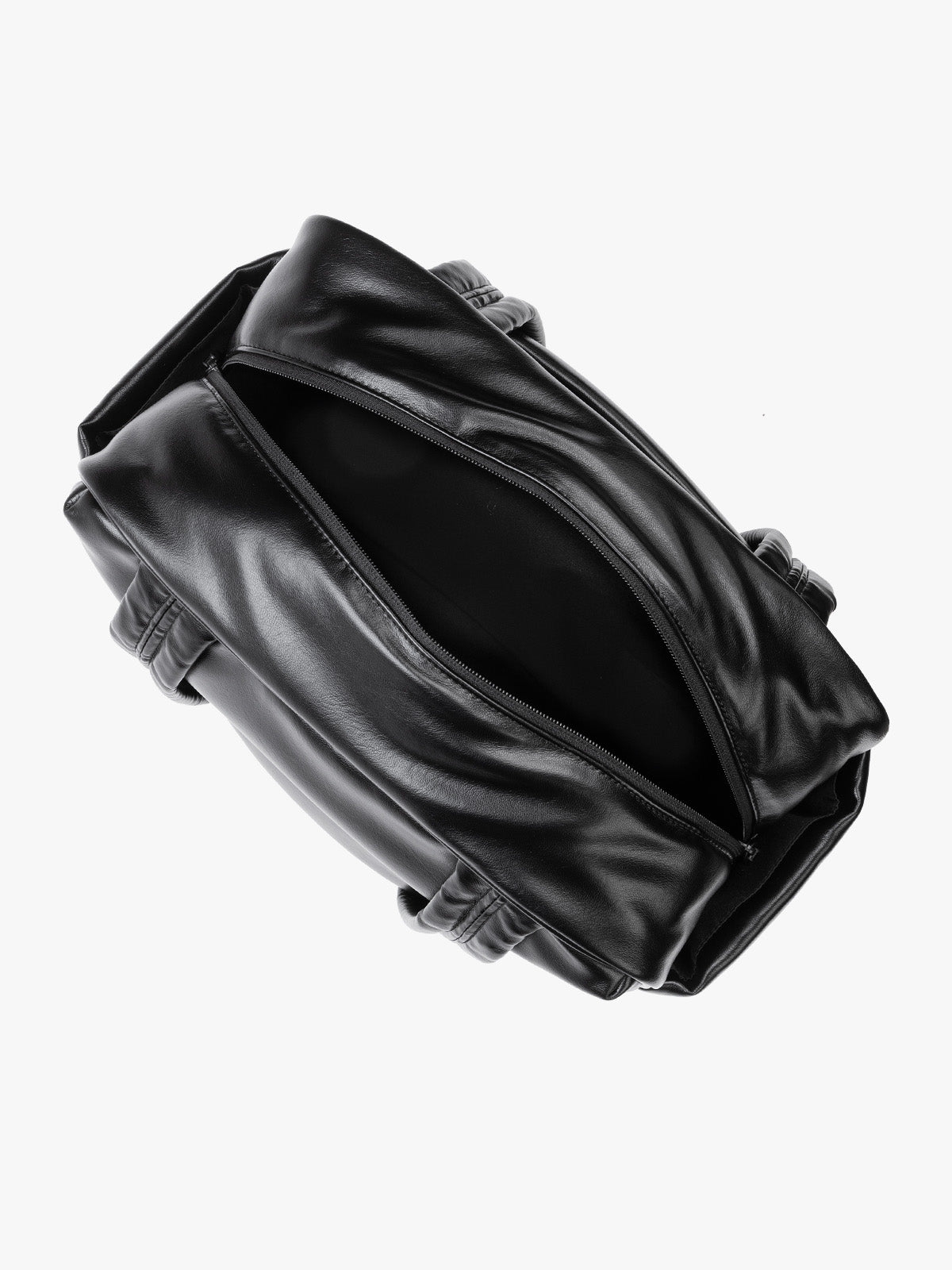Top view with zipper opened of Black vegan leather CALPAK Luka Mini Duffel with dual top handles and side pockets, photographed against a clean white background; DLM2501-BLACK-PU