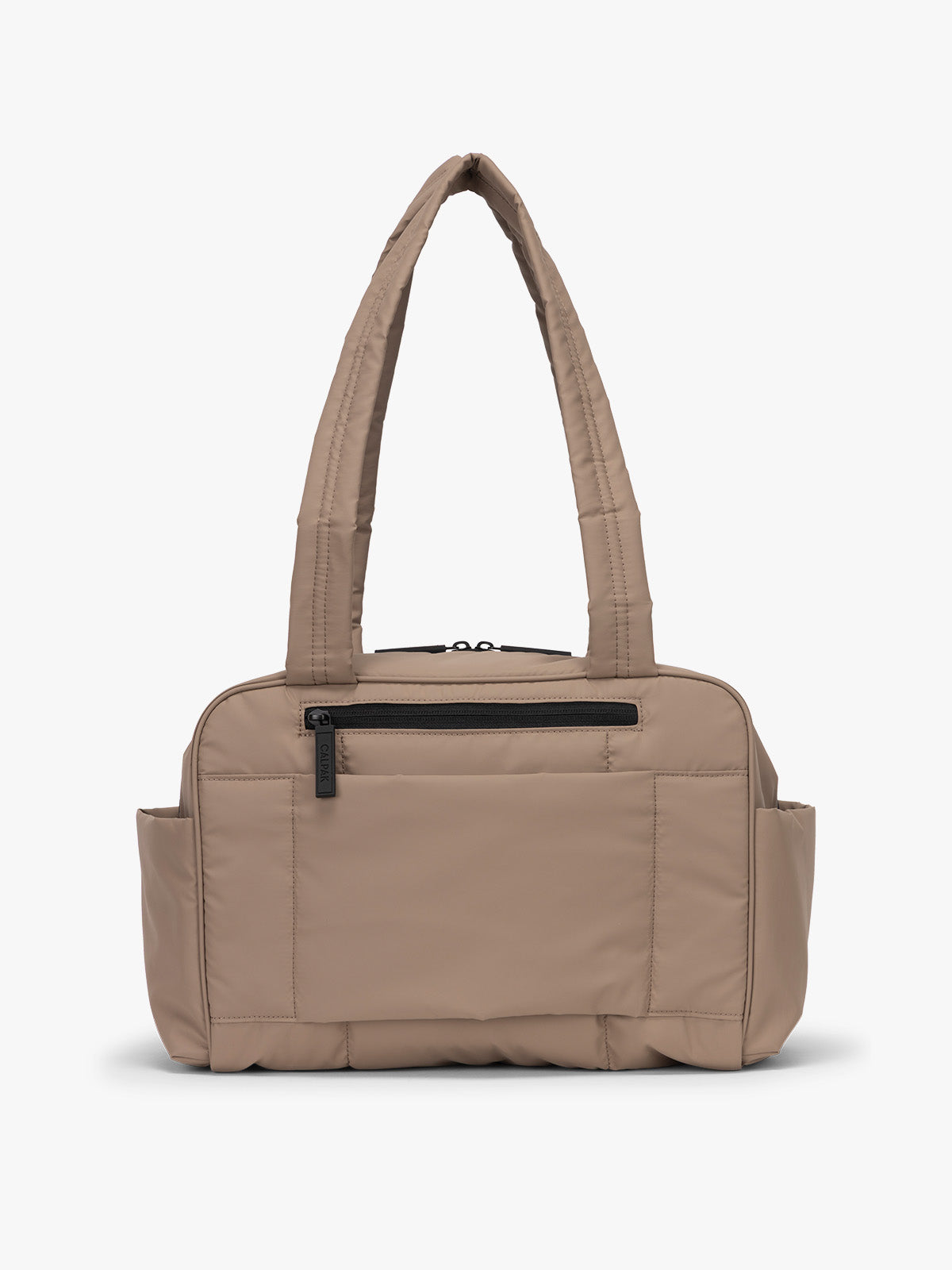 CALPAK Mini Duffel in brown Chocolate back view with zipper, puffy exterior, interior and exterior pockets, and padded shoulder straps; DLM2501-CHOCOLATE