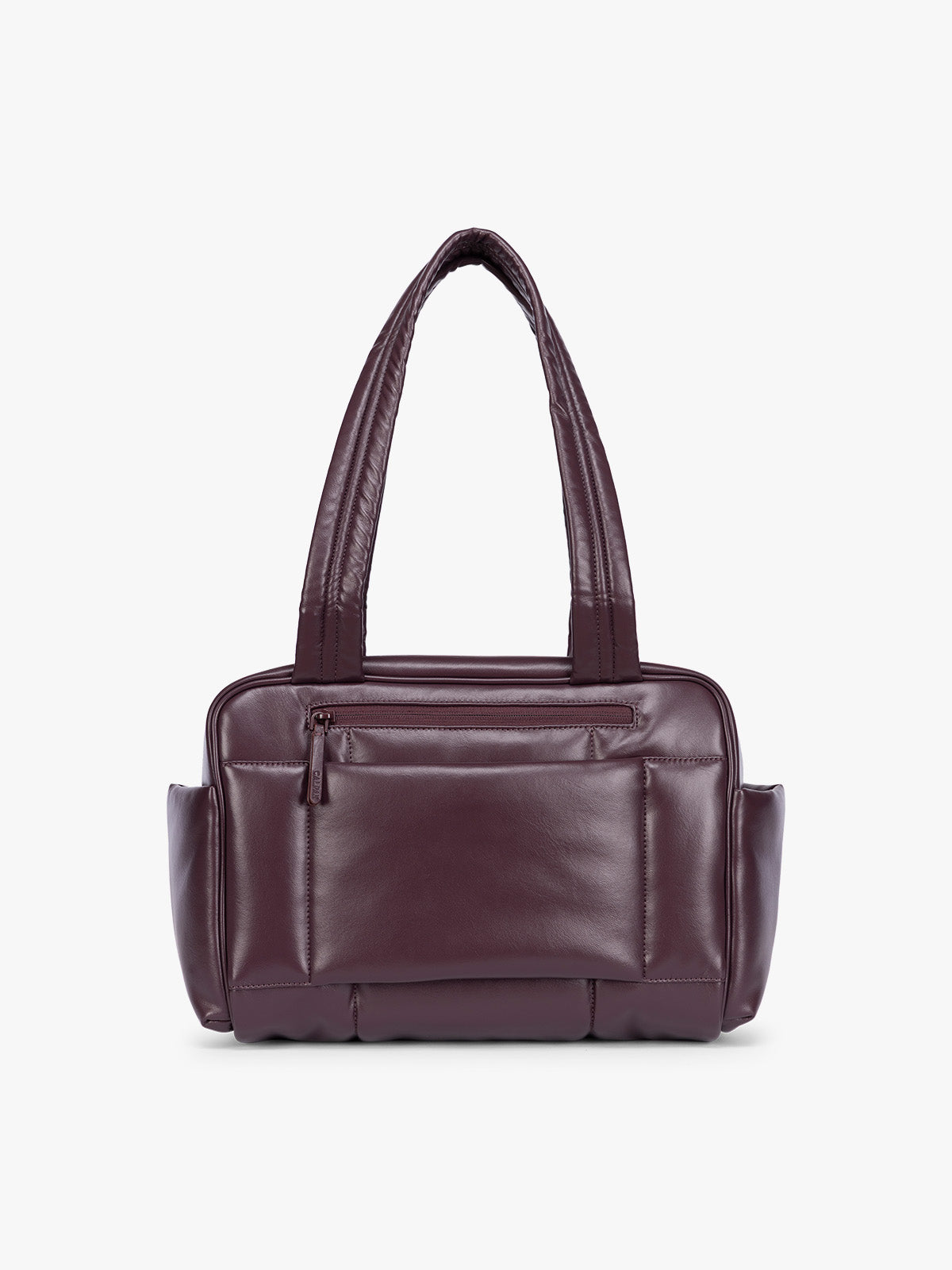 Backside of Dark burgundy Dark Cherry vegan leather CALPAK Luka Mini Duffel with dual top handles and side pockets, photographed against a clean white background; DLM2501-DARK-CHERRY-PU