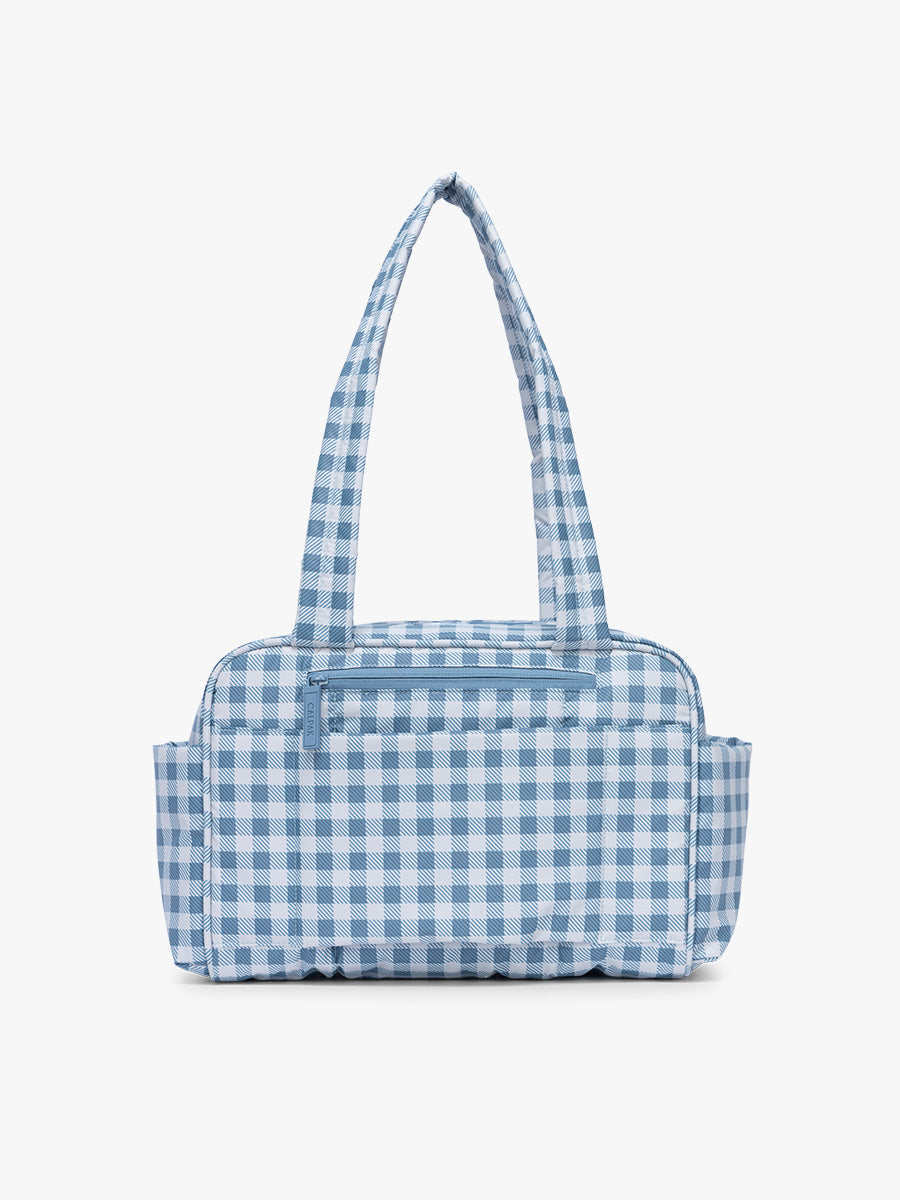 Backside of CALPAK Luka Mini Duffel in white and blue gingham print in French Blue Gingham; DLM2501-FRENCH-BLUE-GINGHAM