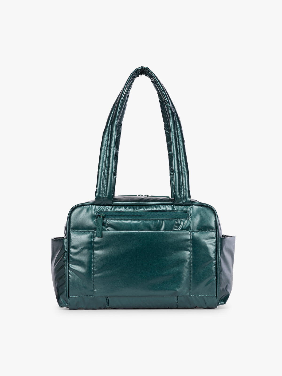 Backside of CALPAK Luka Mini Duffel in dark green shiny Glazed Kale; DLM2501-GLAZED-KALE