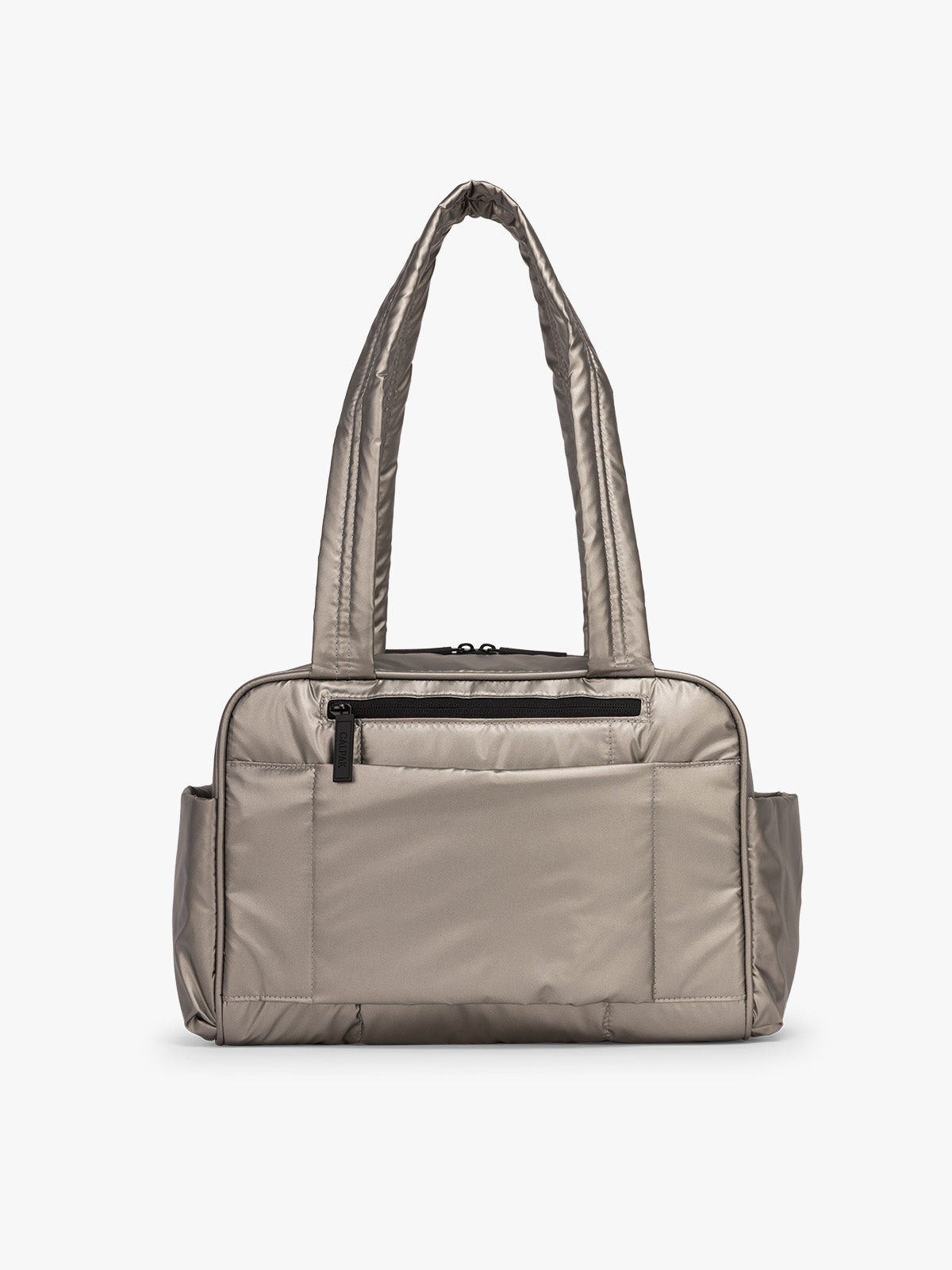 Back side of CALPAK Luka Mini Duffel in metallic grey on a white background; DLM2501-GUNMETAL