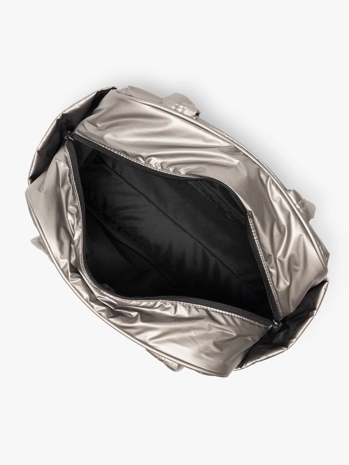 Opened interior of CALPAK Luka Mini Duffel in metallic grey on a white background; DLM2501-GUNMETAL