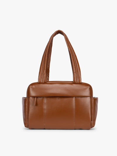 Honey brown vegan leather CALPAK Luka Mini Duffel with dual top handles and side pockets, photographed against a clean white background; DLM2501-HONEY-BROWN-PU