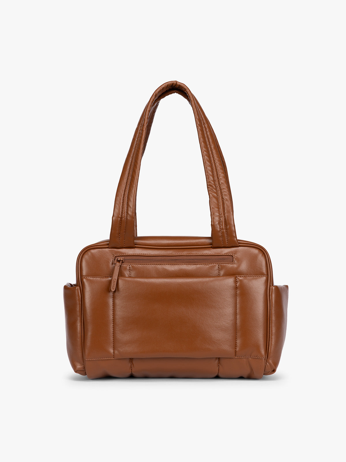 Backside of Honey brown vegan leather CALPAK Luka Mini Duffel with dual top handles and side pockets, photographed against a clean white background; DLM2501-HONEY-BROWN-PU
