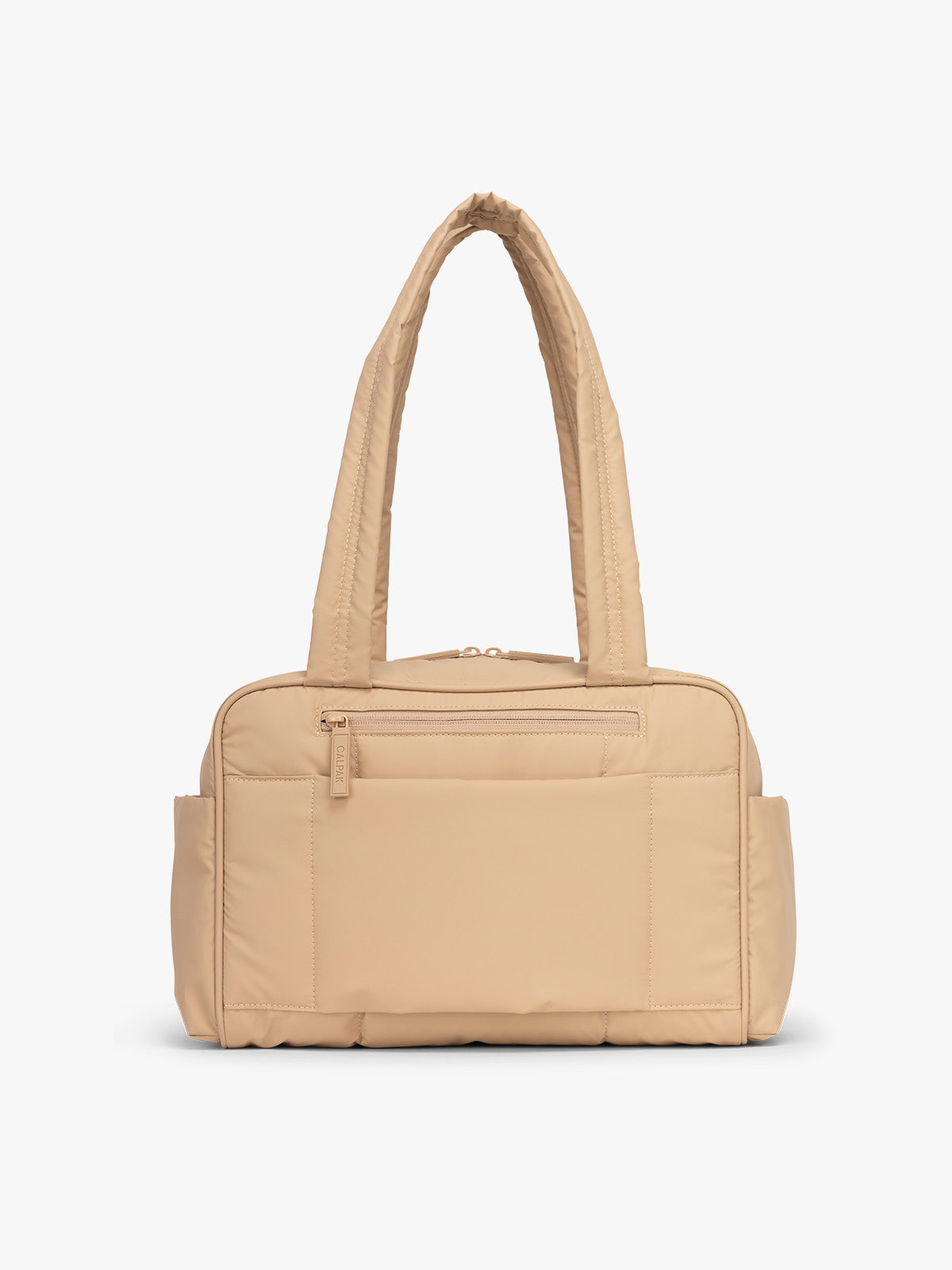 Back side of CALPAK Luka Mini Duffel in beige Latte on a white background; DLM2501-LATTE