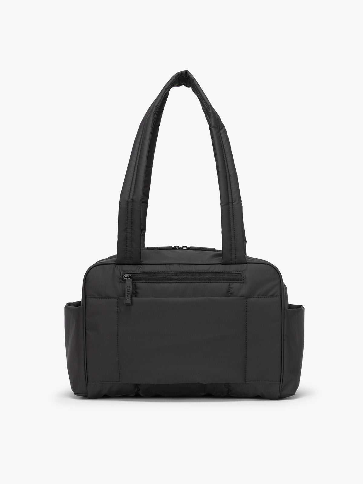 CALPAK Mini Duffel in black back view with zipper, puffy exterior, interior and exterior pockets, and padded shoulder straps; DLM2501-MATTE-BLACK