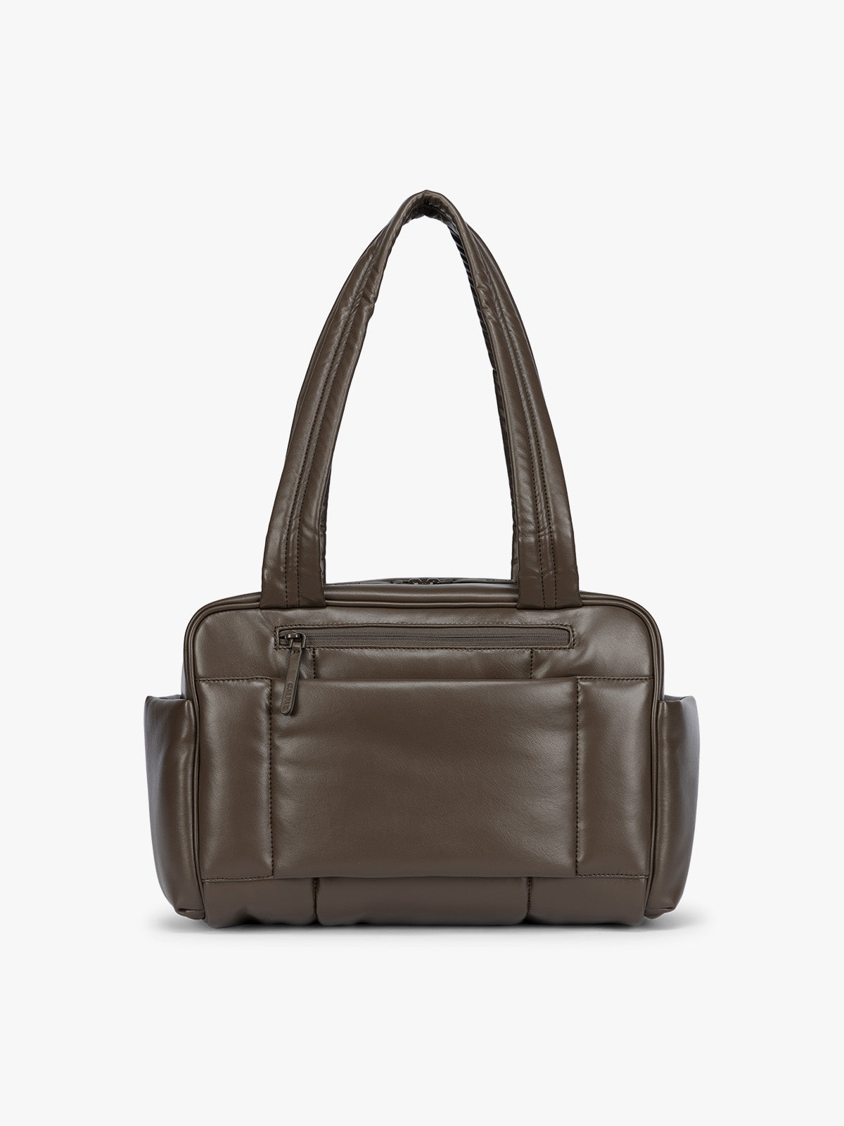 Backside with zipper of a Dark brown Mushroom vegan leather CALPAK Luka Mini Duffel with dual top handles and side pockets, photographed against a clean white background; DLM2501-MUSHROOM-PU