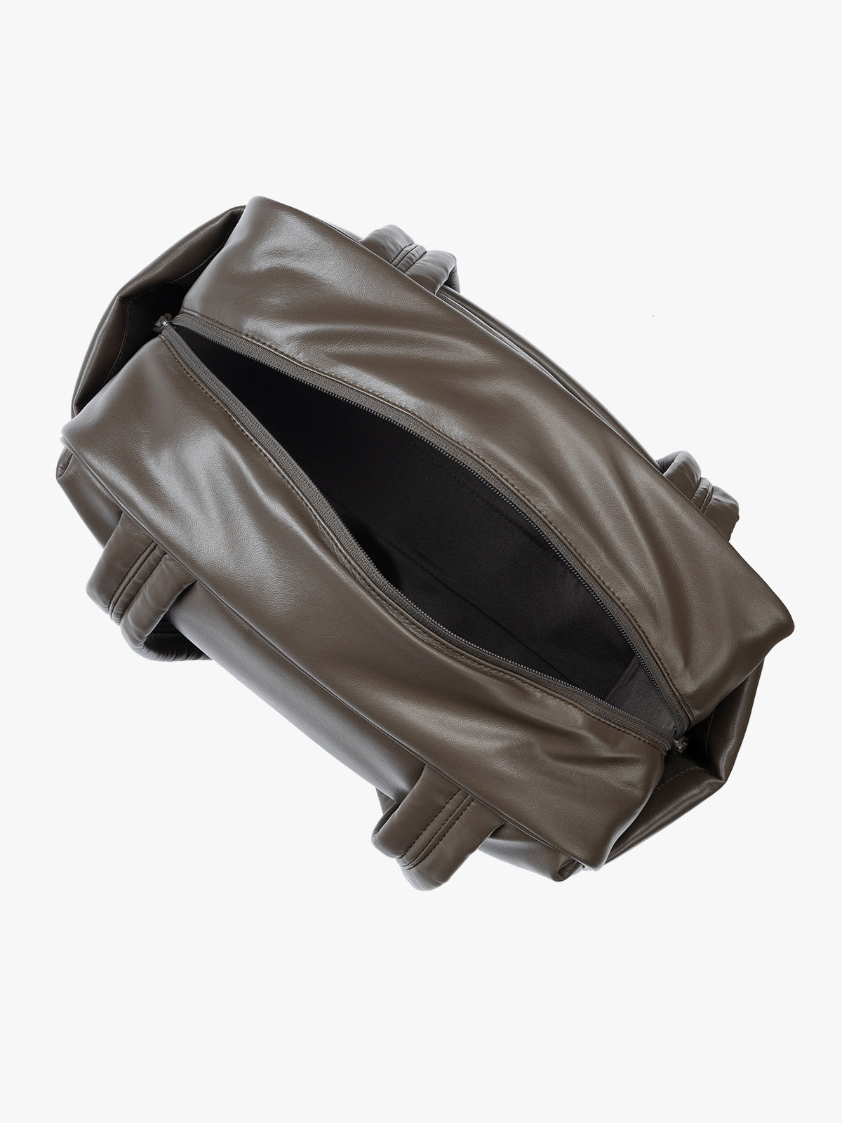 Top view with zipper open of a Dark brown Mushroom vegan leather CALPAK Luka Mini Duffel with dual top handles and side pockets, photographed against a clean white background; DLM2501-MUSHROOM-PU