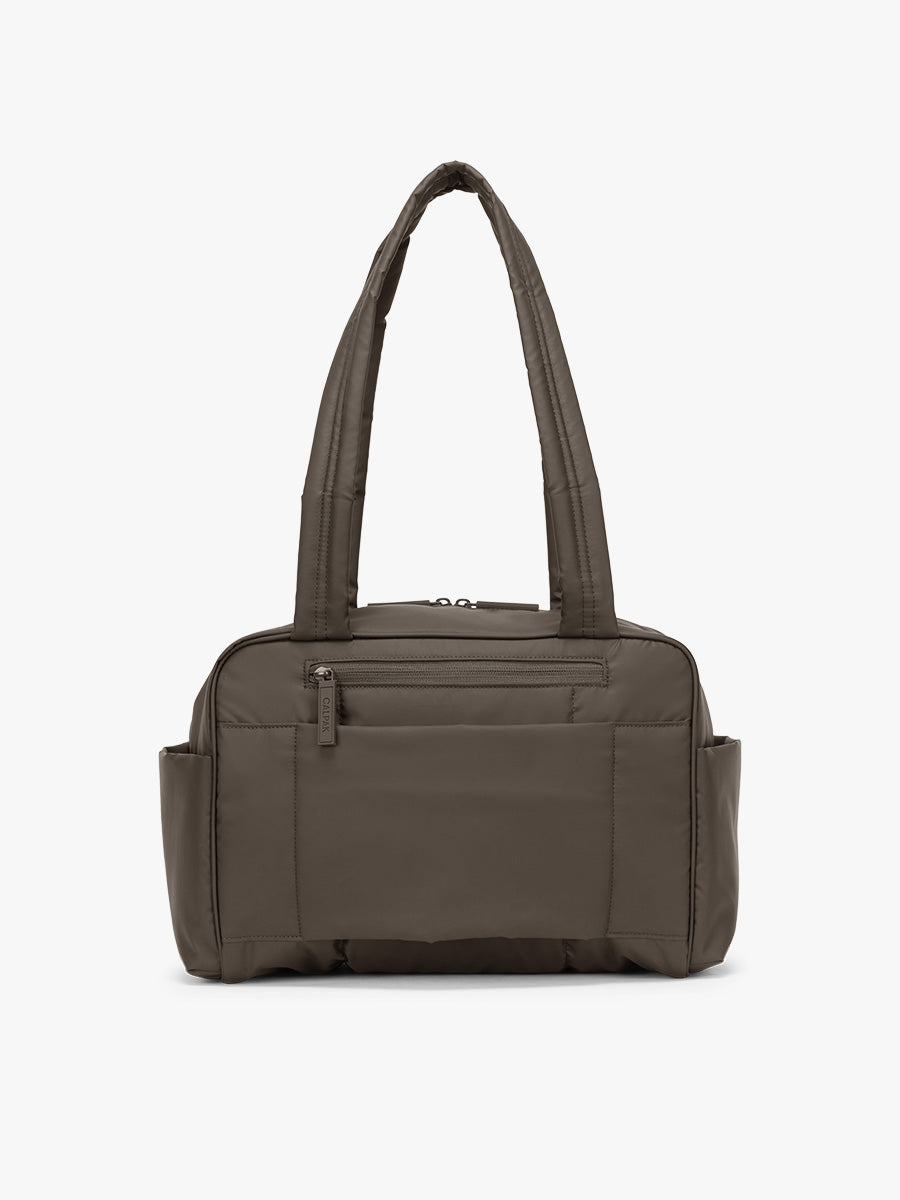 Back of CALPAK Luka Mini Duffel in brown Mushroom; DLM2501-MUSHROOM