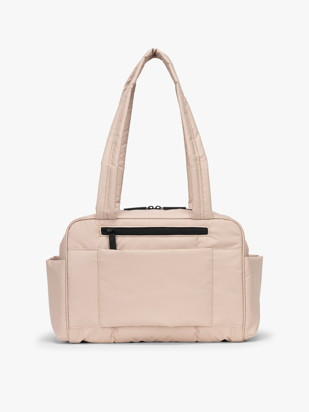 CALPAK Mini Duffel in light pink Rose Quartz with back view with zipper, puffy exterior, interior and exterior pockets, and padded shoulder straps; DLM2501-ROSE-QUARTZ