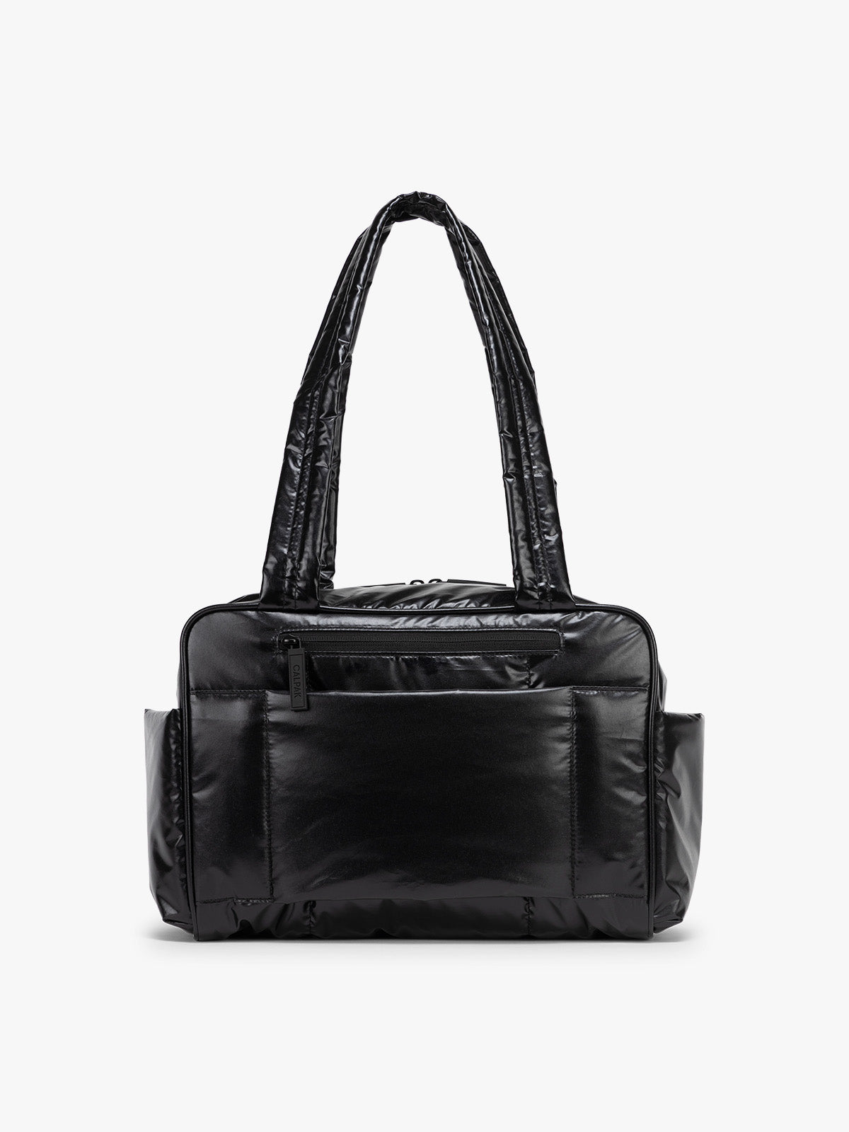 Back view of CALPAK Luka Mini Duffel in shiny Glazed Black on a white background; DLM2501-GLAZED-BLACK