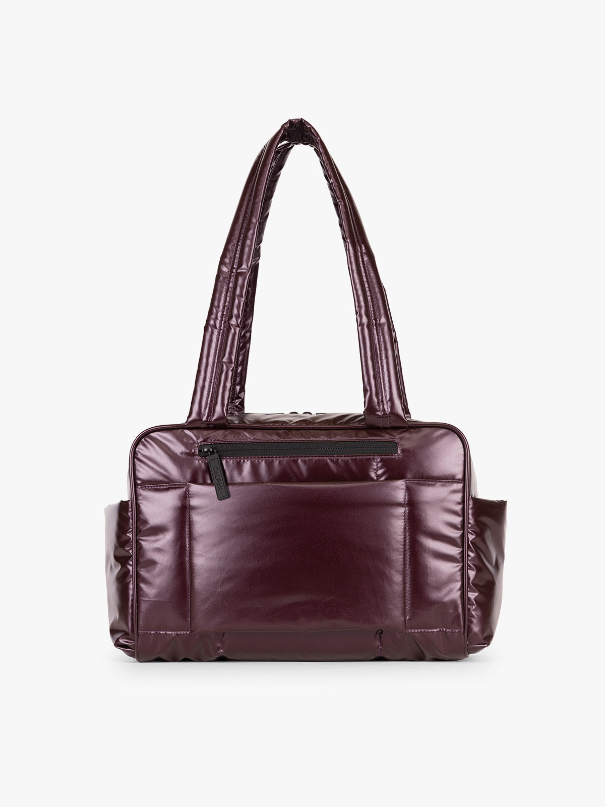 Back view of CALPAK Luka Mini Duffel in maroon Glazed Dark Cherry on a white background; DLM2501-GLAZED-DARK-CHERRY