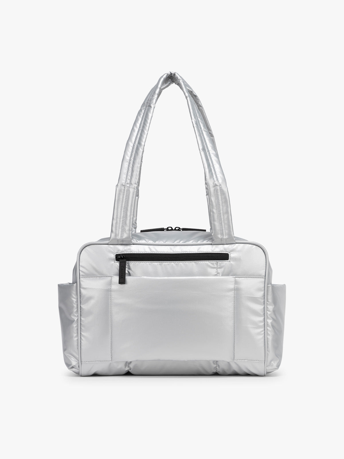 Back view of CALPAK Luka Mini Duffel in shiny Silver on a white background; DLM2501-SILVER