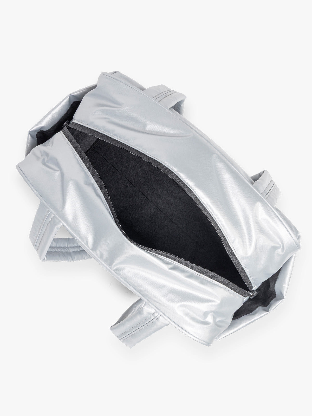 Opened view of CALPAK Luka Mini Duffel in shiny Silver on a white background; DLM2501-SILVER