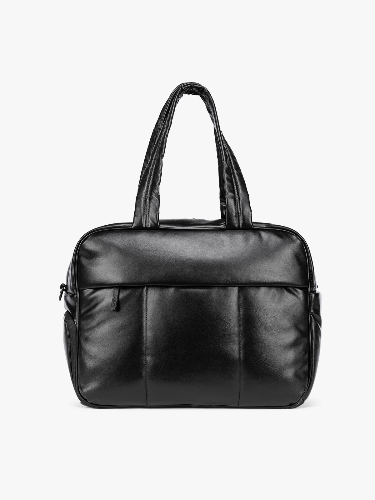 A Black CALPAK Luka Duffel in vegan leather with dual top handles and a front zippered pocket, photographed against a clean white background; DSM1901-BLACK-PU