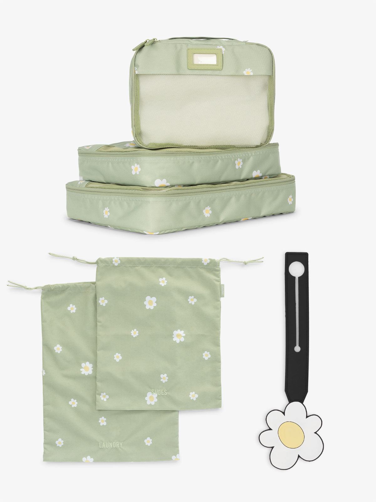 Limited edition daisy print CALPAK Evry Starter Bundle packing cube set of 5 and luggage tag included in set; LCO8000-DAISY