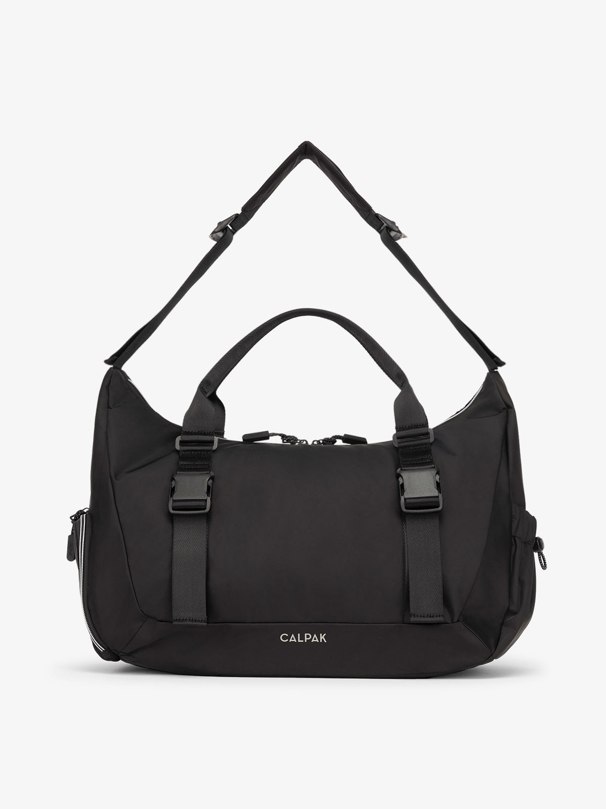 Front view of CALPAK Fit gym duffel bag made with recycled, water resistant material in black; TBF2401-BLACK, TBF2401-BLACK-GRIN, BTBF2401-BLACK