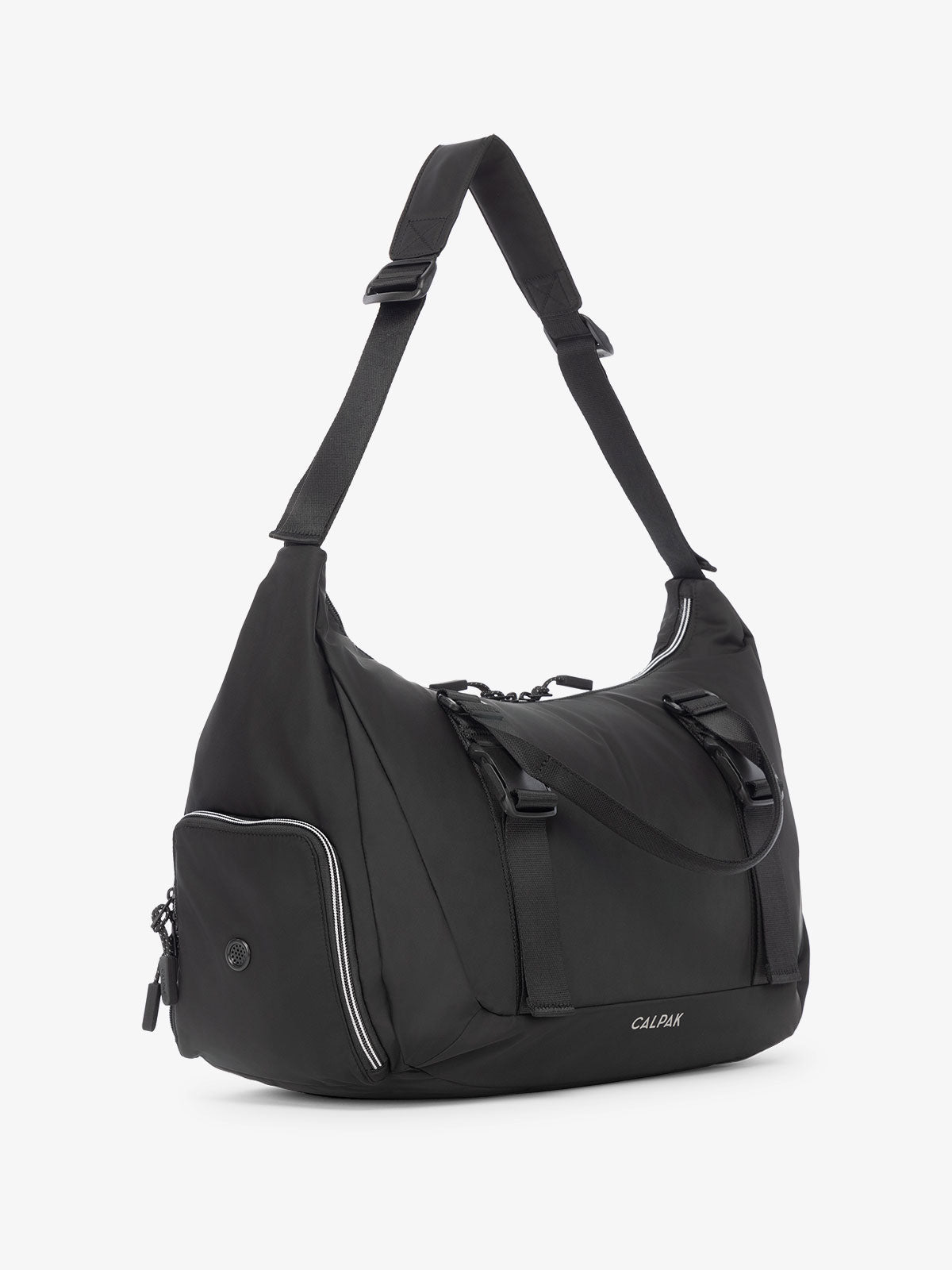 Side view of CALPAK Fit gym duffel bag with shoe compartment and adjustable yoga mat straps in black; TBF2401-BLACK, TBF2401-BLACK-GRIN, BTBF2401-BLACK