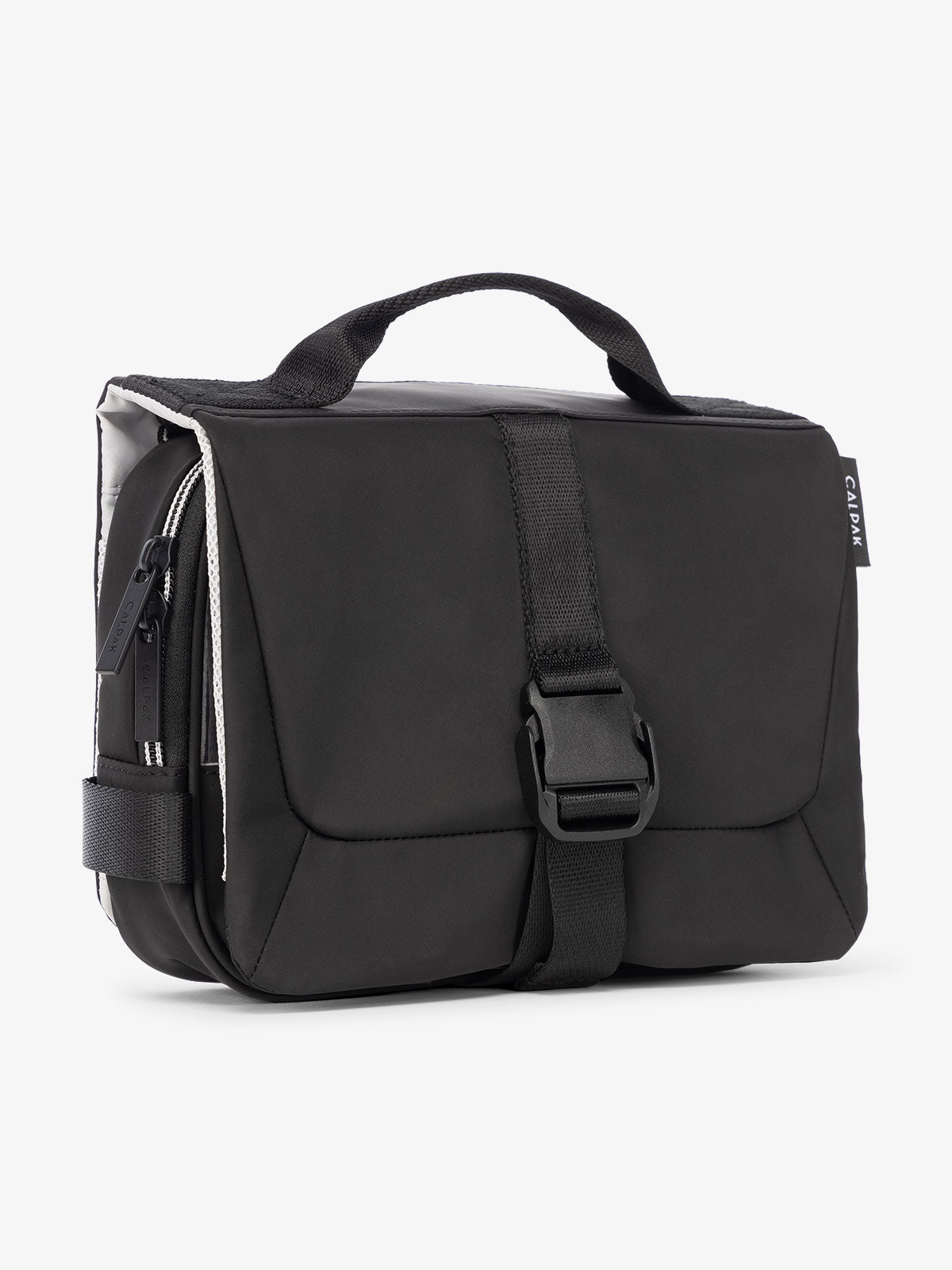 Side view of CALPAK Fit gym toiletry bag with durable carrying handle and made with 2 recycled water bottles in black; TFH2401-BLACK, TFH2401-BLACK-GRIN, BTBF2401-BLACK