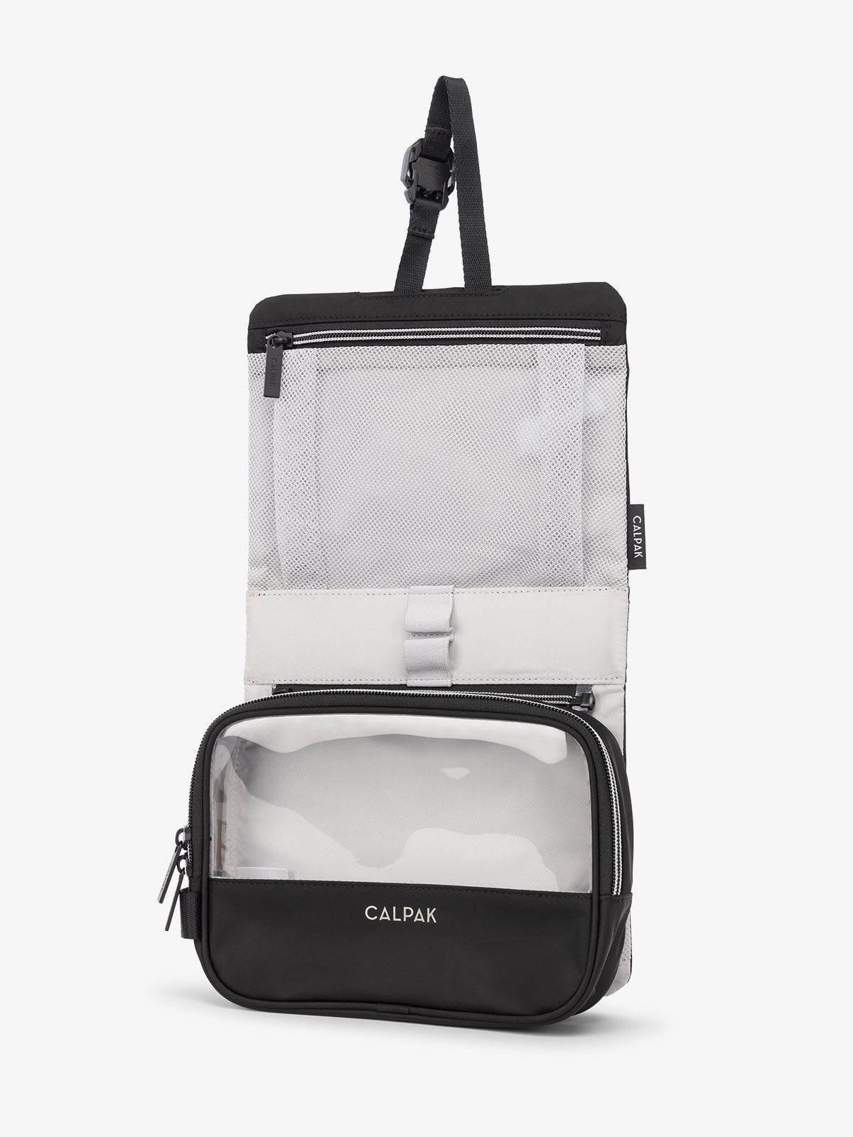 CALPAK Fit Hanging Dopp Kit with collapsible hanging hook and multiple interior mesh pockets in black; TFH2401-BLACK, TFH2401-BLACK-GRIN, BTBF2401-BLACK