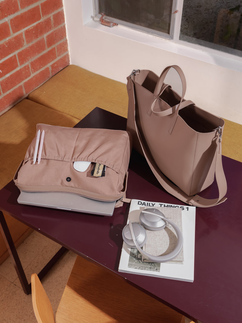 CALPAK Haven laptop tote bag with removable laptop sleeve and crossbody strap in taupe brown