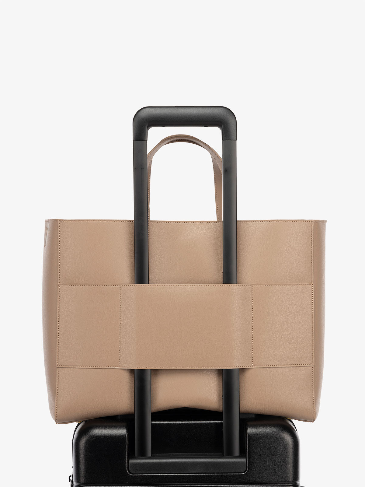 CALPAK Haven tote bag with laptop compartment and trolley sleeve in taupe; ATO2102-TAUPE