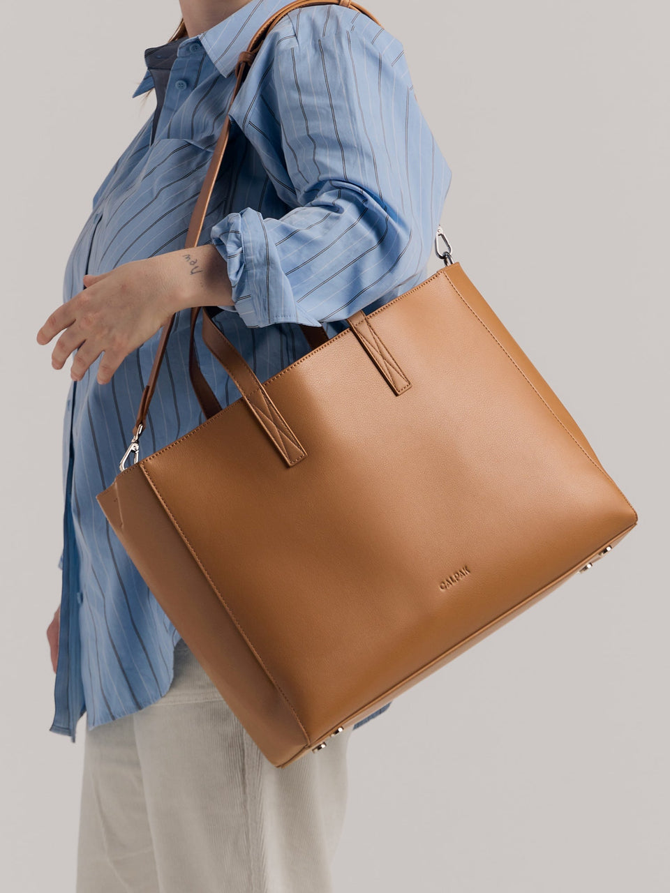CALPAK Haven Laptop Tote Bag in brown Toffee with removable laptop sleeve; ATO2102-TOFFEE
