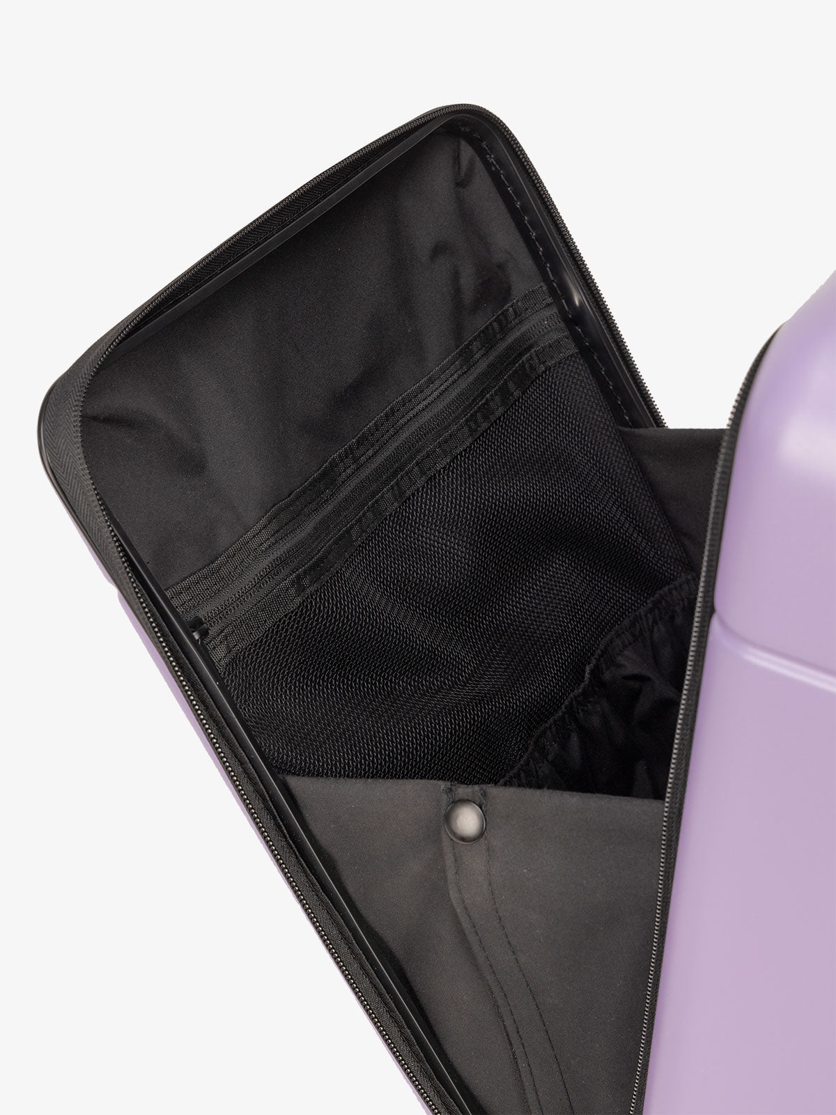 CALPAK front pocket compartment of carry-on hardshell luggage in purple; LHU1020-ORCHID