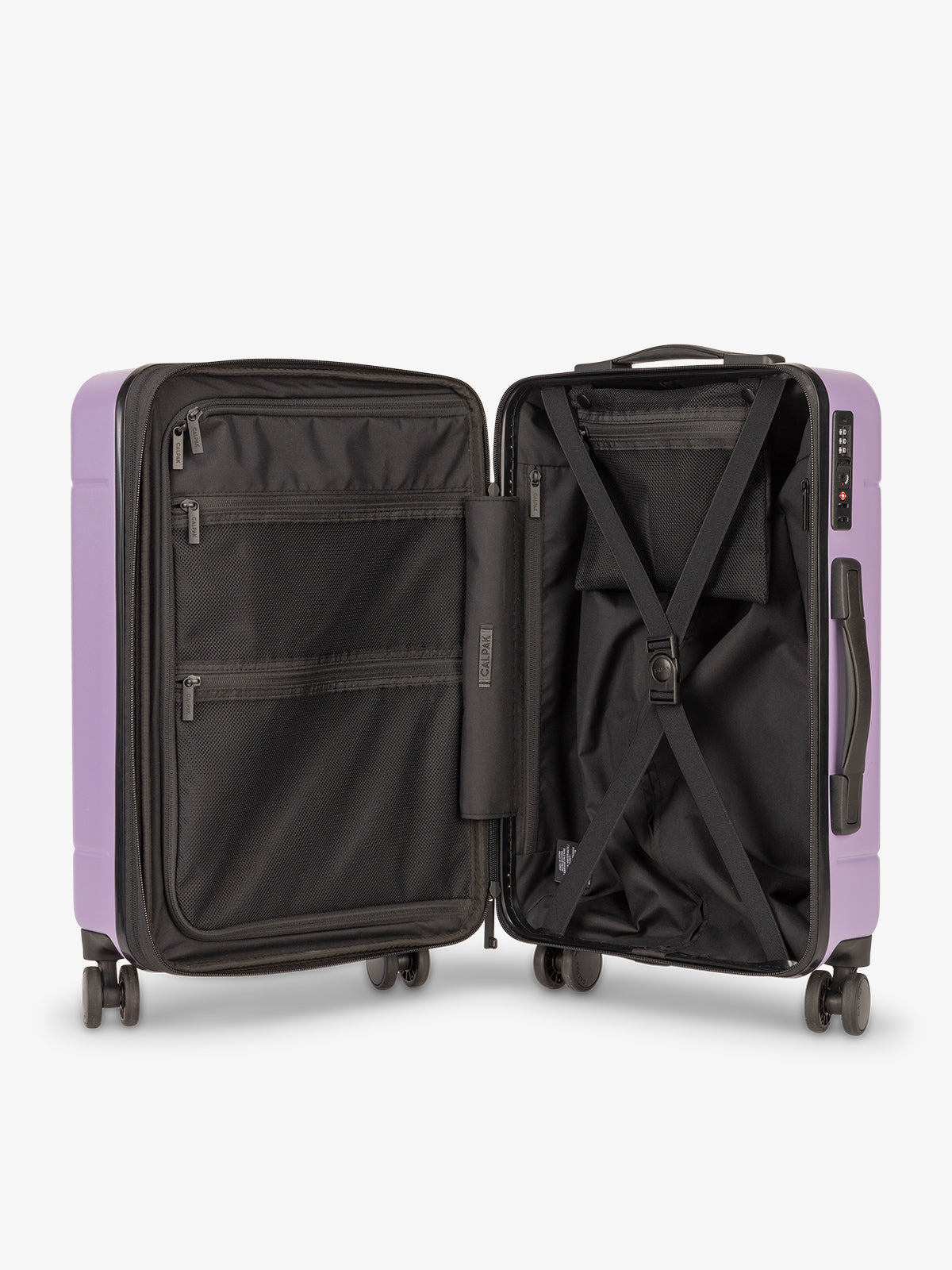 Interior of orchid CALPAK Hue Medium Luggage with front pocket and compression straps; LHU1024-ORCHID