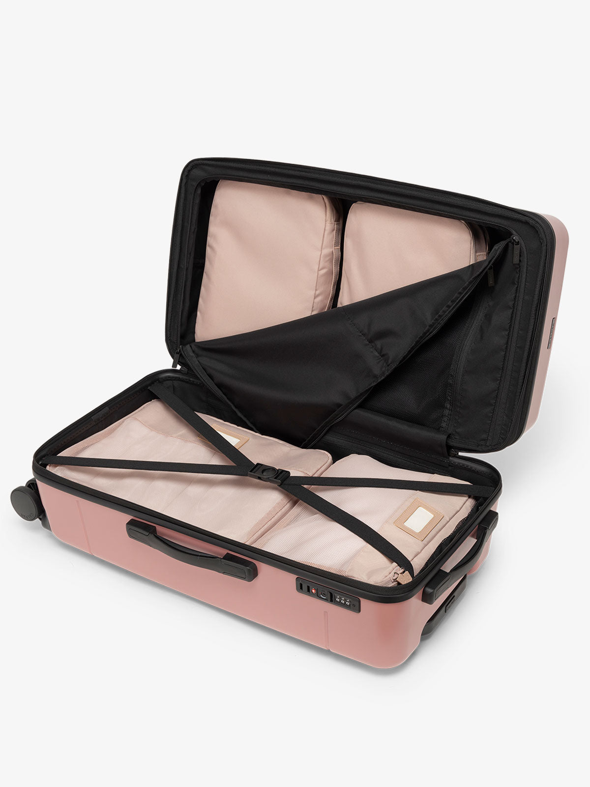 CALPAK Hue medium trunk suitcase with spacious interior and zippered divider with pockets in pink mauve; LHU1026-MAUVE