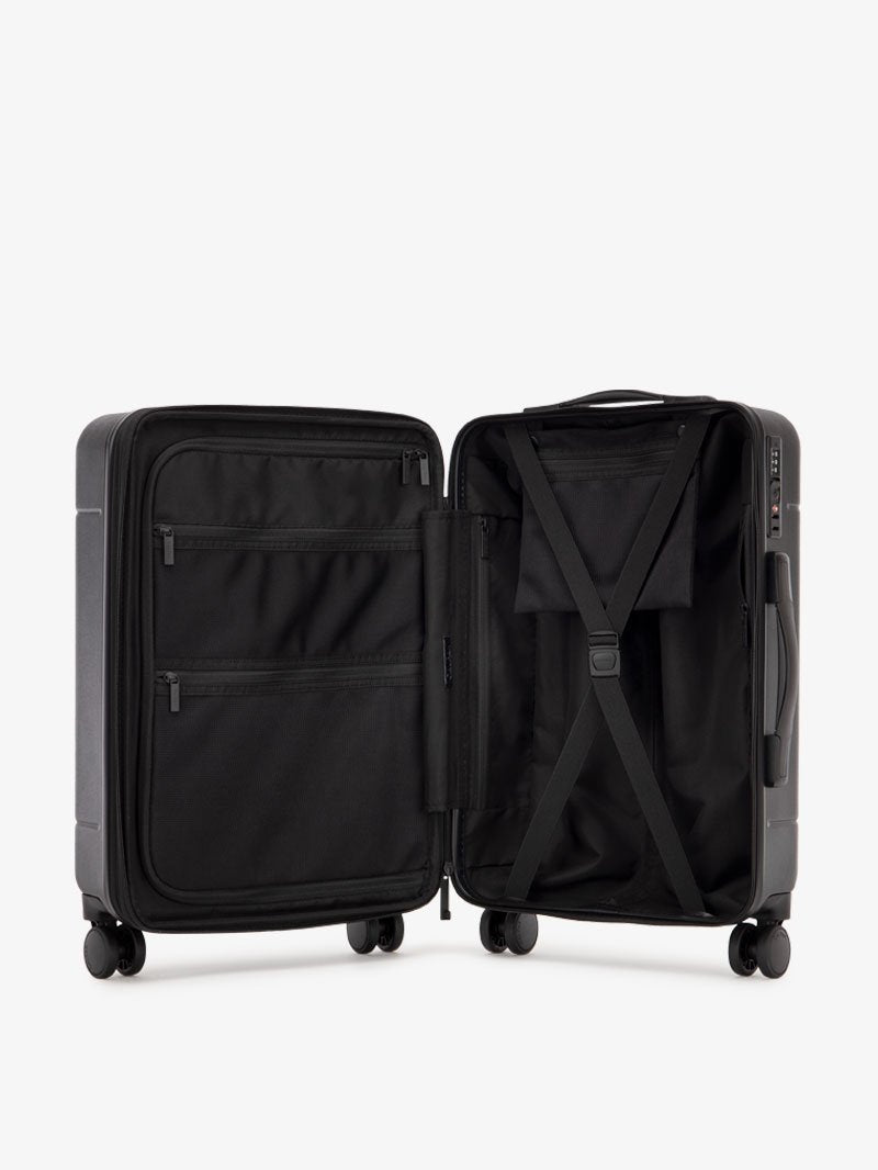 Opened CALPAK Hue Starter Bundle in Black with wheels on a white background; LHU8000-BLACK
