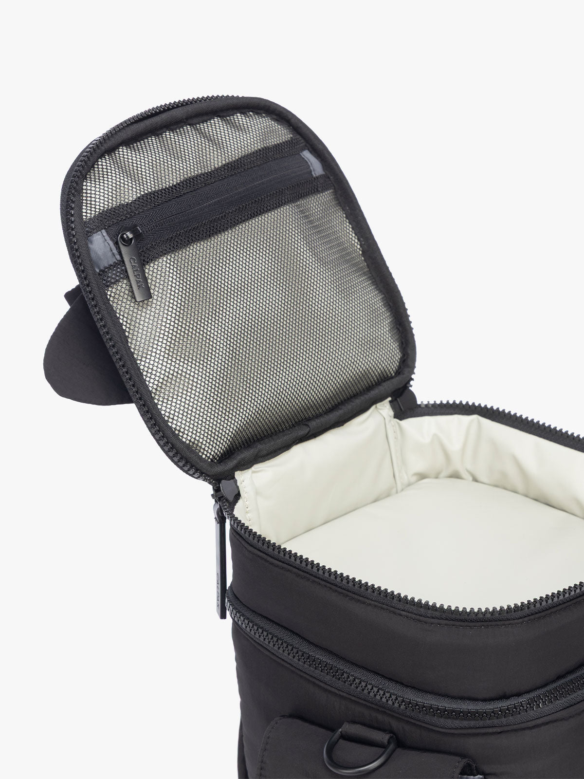 Opened and top mesh pocket shown in CALPAK Insulated Baby Bottle Bag in Black; IBB2601-BLACK