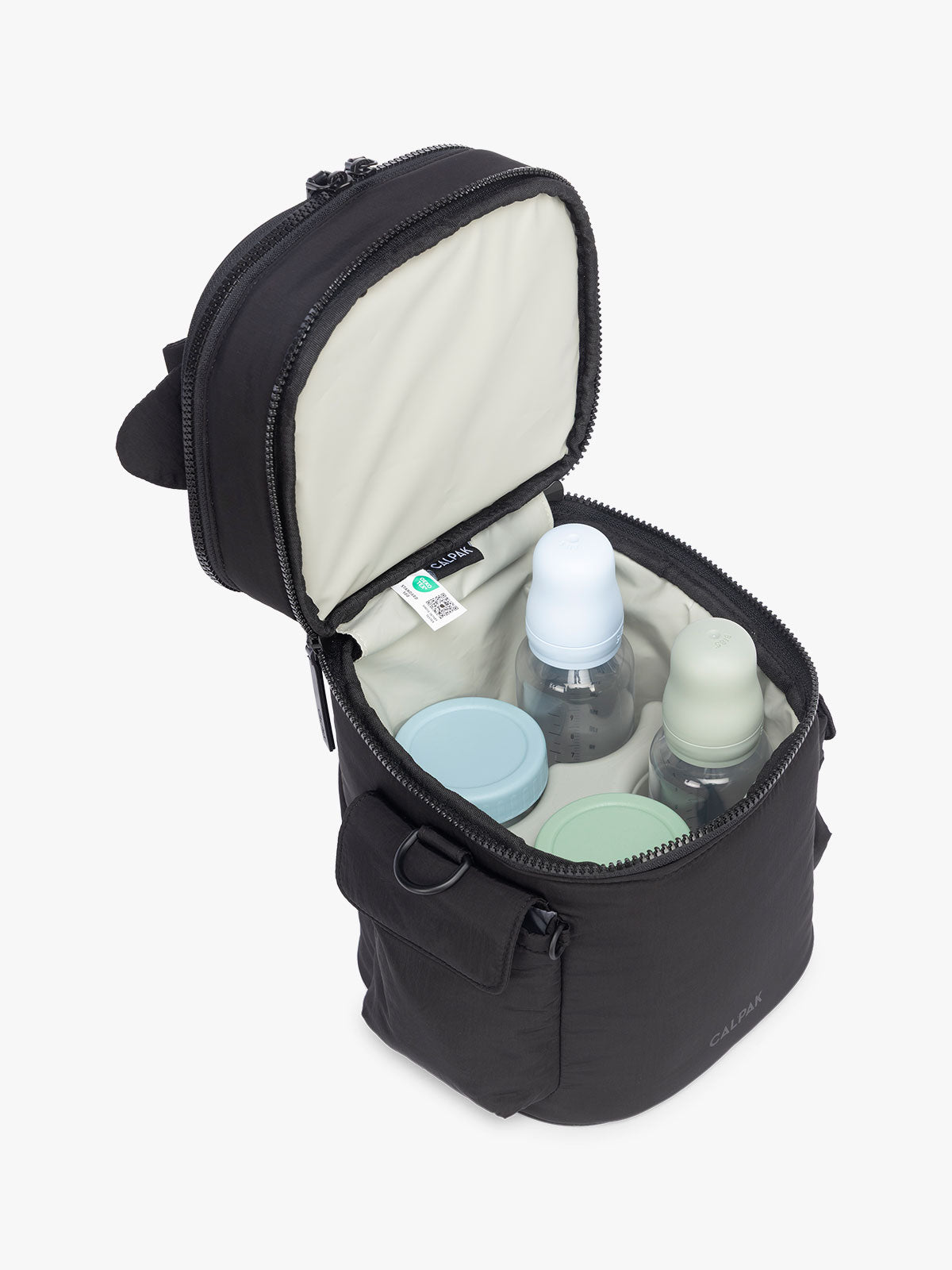 Baby bottles in the CALPAK Insulated Baby Bottle Bag in Black; IBB2601-BLACK
