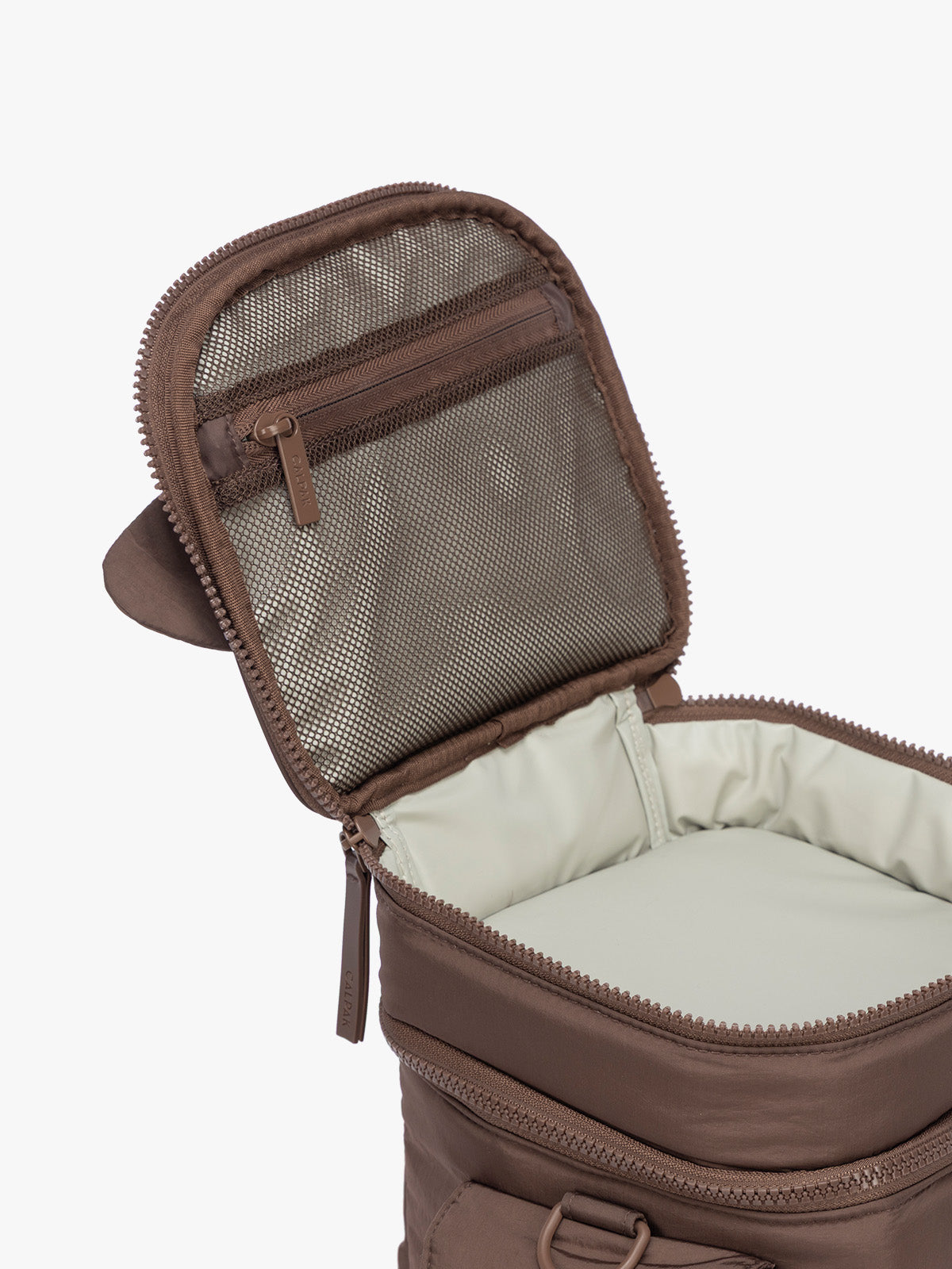 Opened an top mesh compartment of CALPAK Insulated Baby Bottle Bag in brown Hazelnut; IBB2601-HAZELNUT