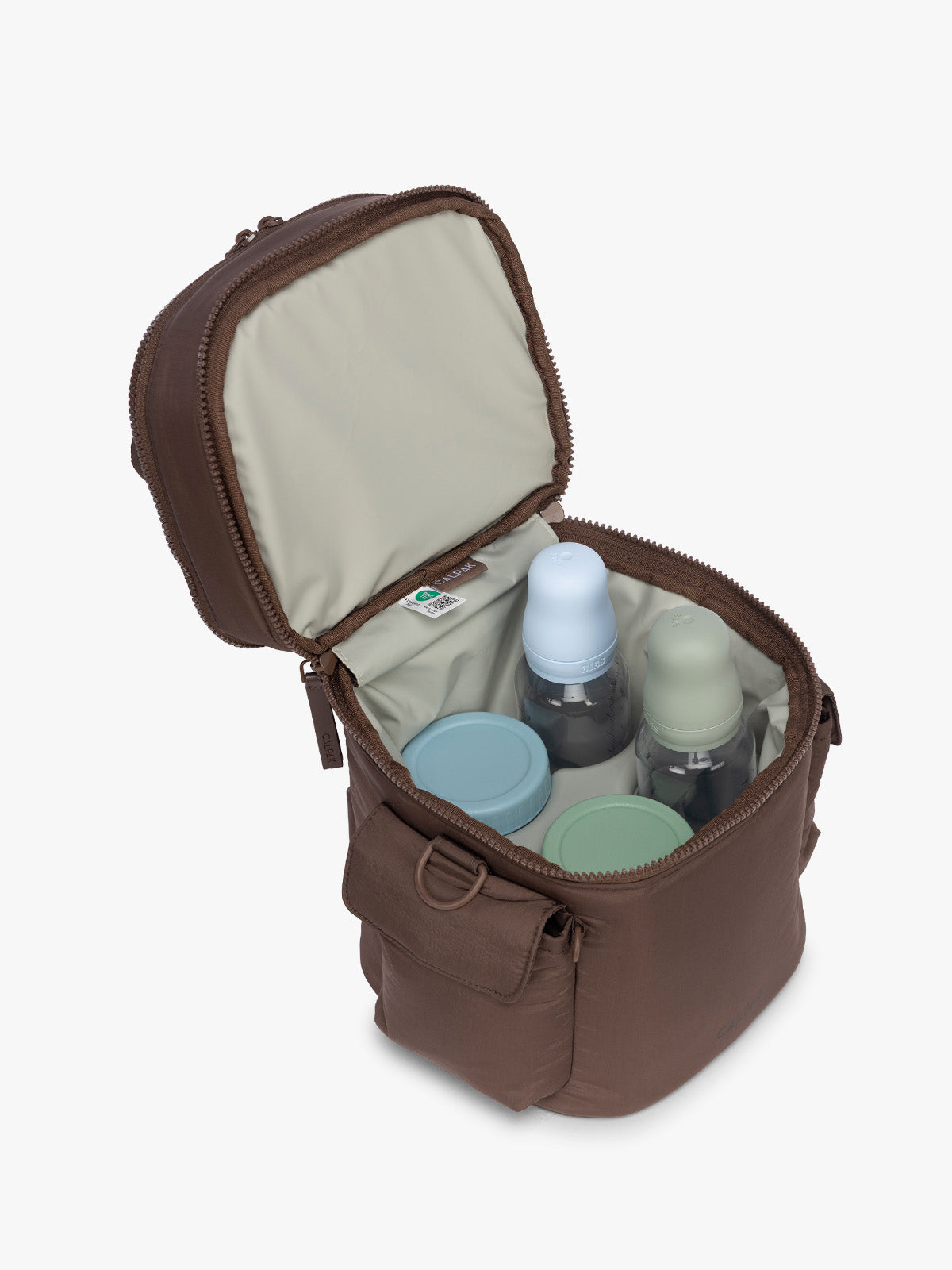 Bottles in the CALPAK Insulated Baby Bottle Bag in brown Hazelnut; IBB2601-HAZELNUT