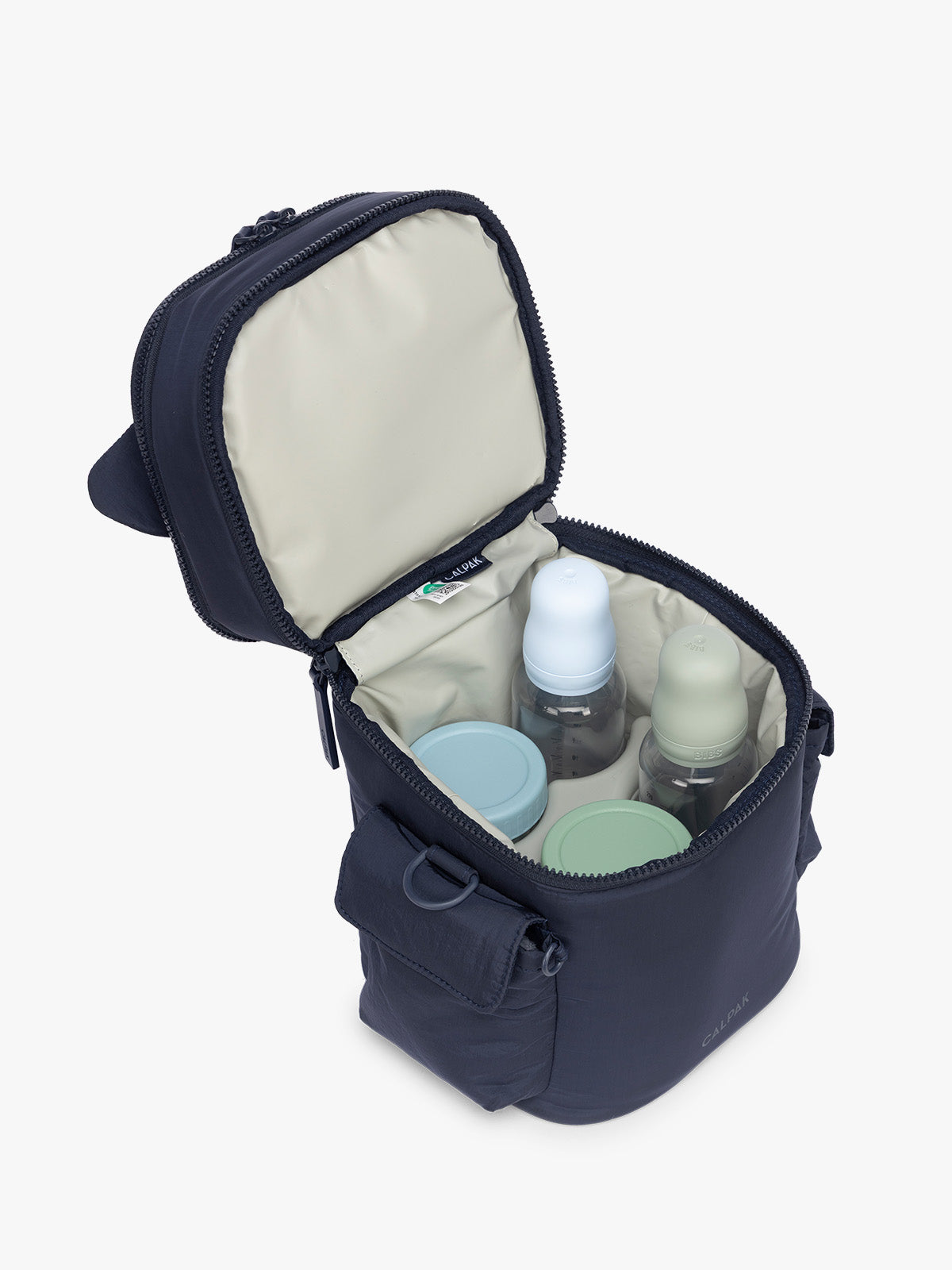 Opened and baby bottles in CALPAK Insulated Baby Bottle Bag in blue navy ; IBB2601-NAVY