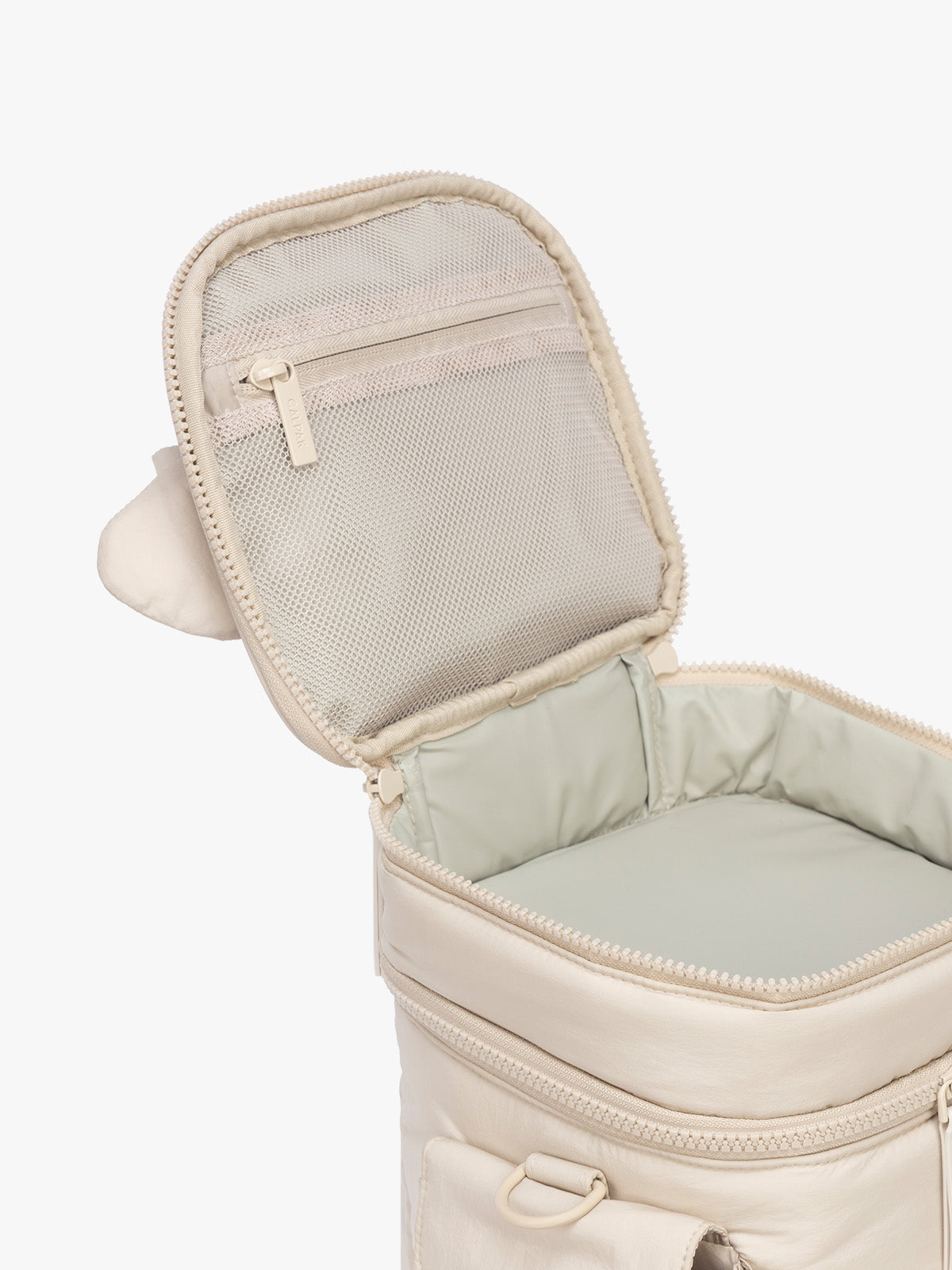 Opened top compartment with mesh CALPAK Insulated Baby Bottle Bag in beige Oatmeal ; IBB2601-OATMEAL