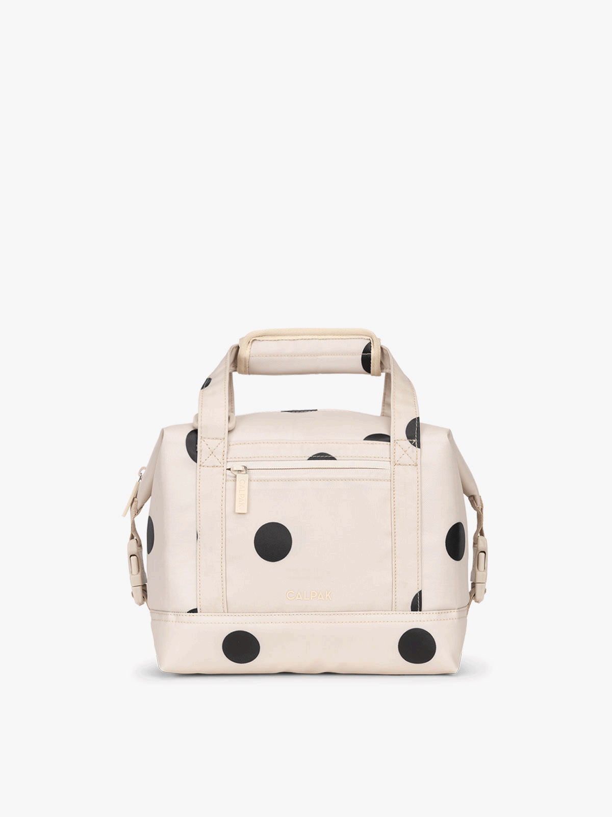 CALPAK 8L insulated cooler bag with durable TPU coated exterior material and side buckles that allow for expansion in black and white polka dot; ISCS2401-POLKA-DOT