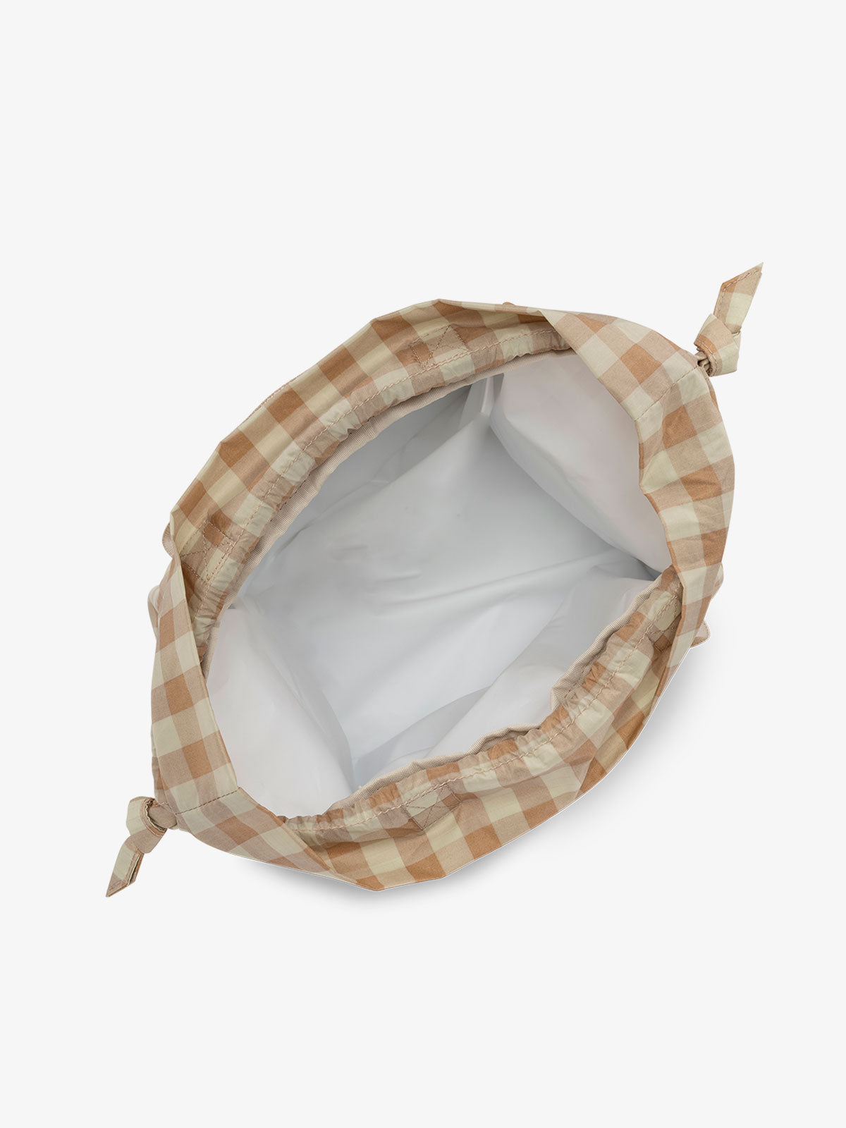 water resistant interior of the CALPAK insulated lunch bag; ALB2001-GINGHAM