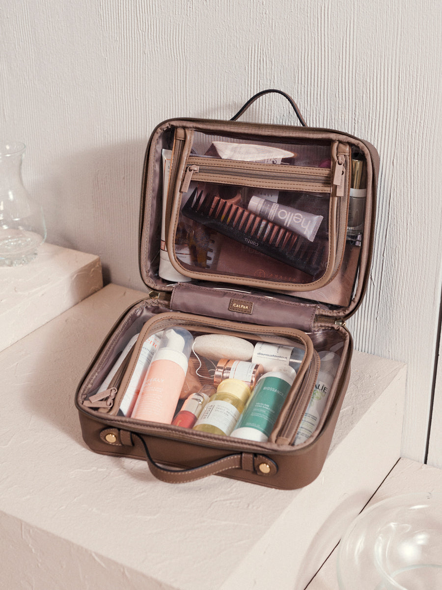 large clear cosmetics case with compartments in mocha; CCC2001-MOCHA