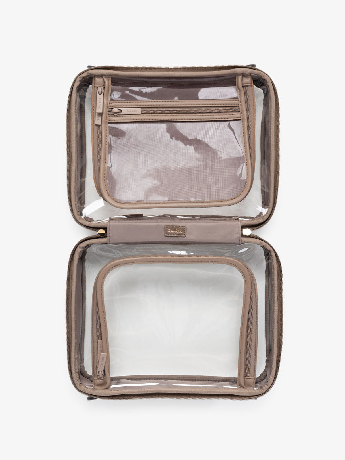 CALPAK large clear travel makeup bag with compartments in mocha; CCC2001-MOCHA