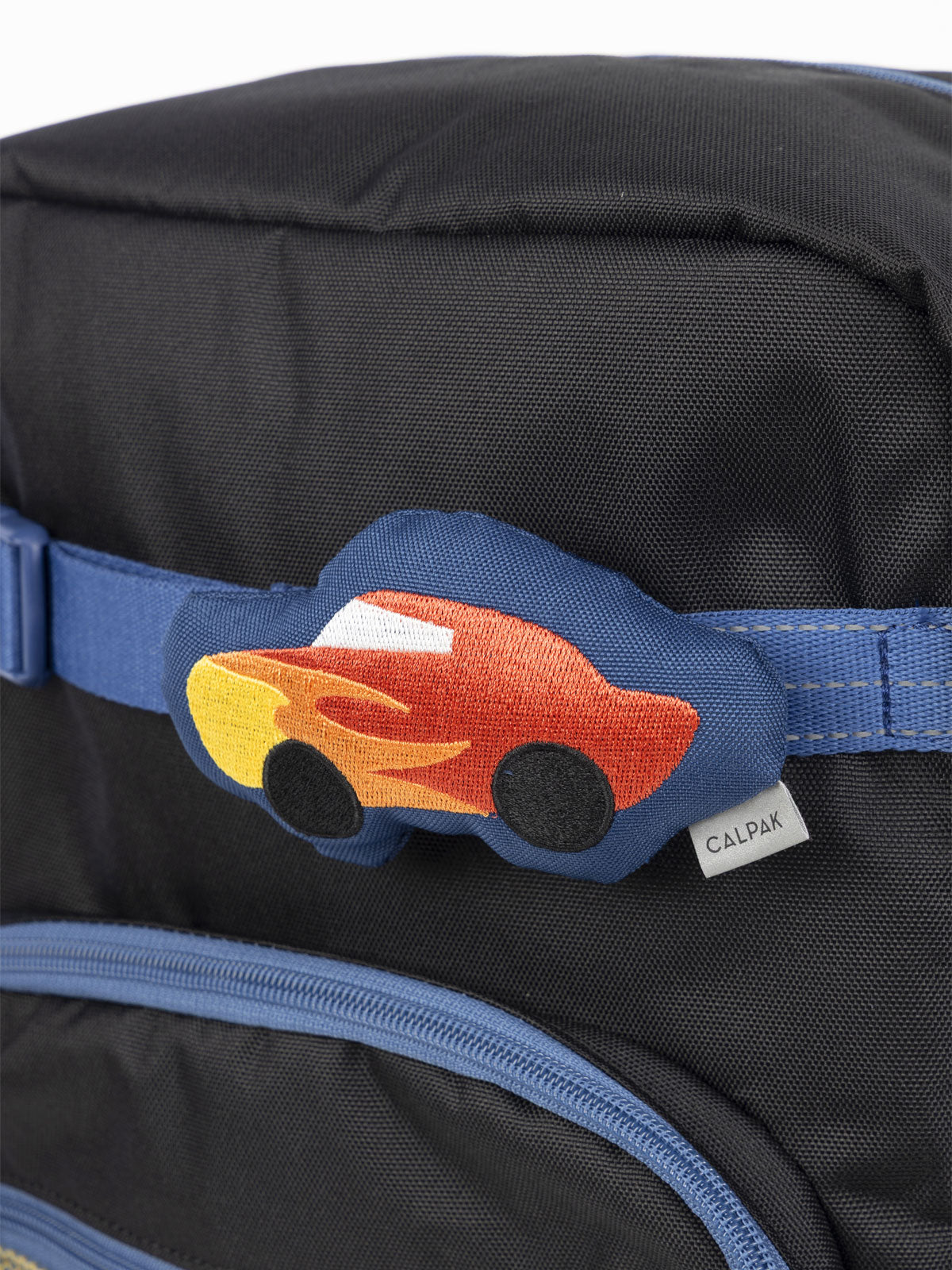 CALPAK Kids Collection red Car Pluffy Bag Charm attached to Kids Large Black Backpack; BCKL5000-BLACK