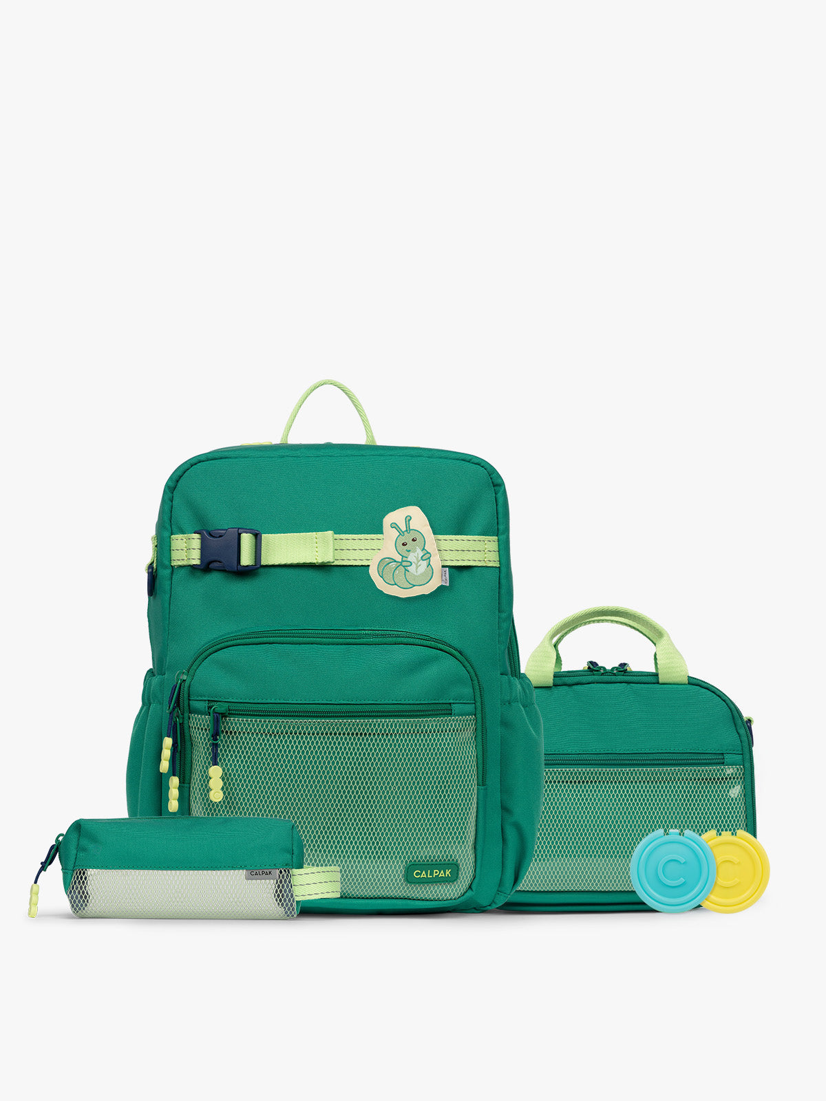 Green CALPAK Kids Small Essentials Bundle that includes backpack and lunch bag, and pencil case light gray background; BCKL5000-GREEN